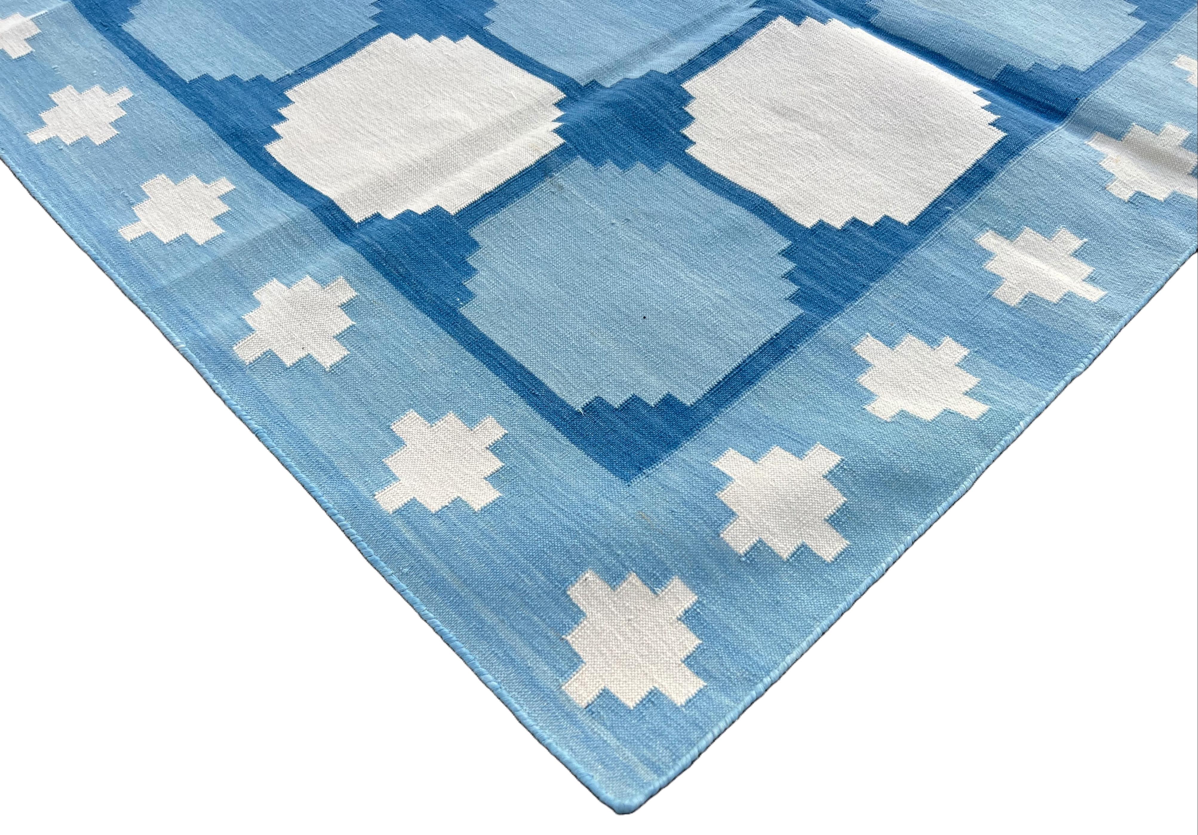 Cotton Natural Vegetable Dyed Sky Blue, Cream  And Indigo Blue Tile Patterned Swedish Rug-4'x6'
These special flat-weave dhurries are hand-woven with 15 ply 100% cotton yarn. Due to the special manufacturing techniques used to create our rugs, the