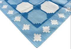 Handmade Cotton Area Flat Weave Rug, 4x6 Blue And White Tile Indian Dhurrie Rug
