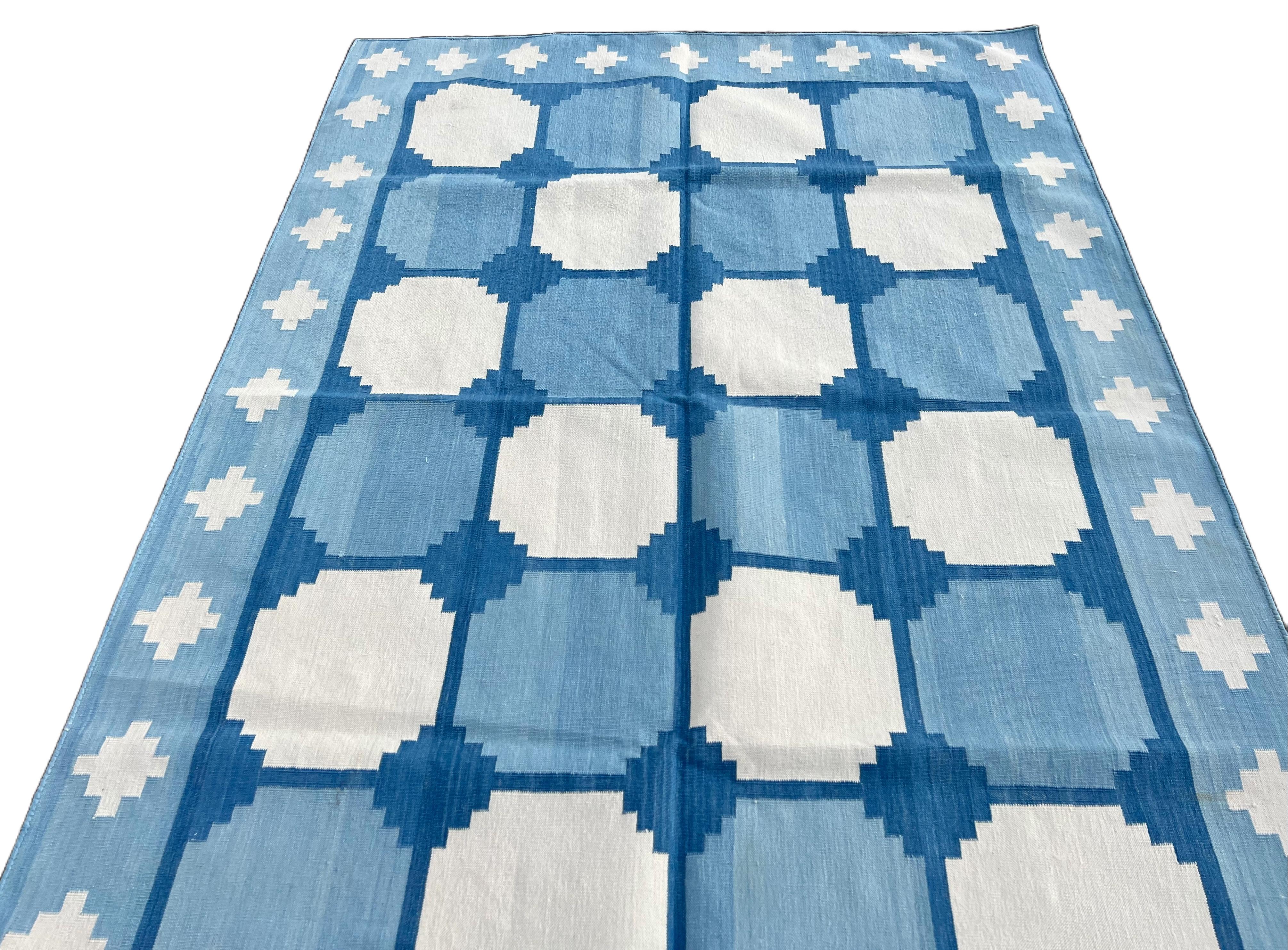 Contemporary Handmade Cotton Area Flat Weave Rug, 4x6 Blue And White Tile Indian Dhurrie Rug For Sale