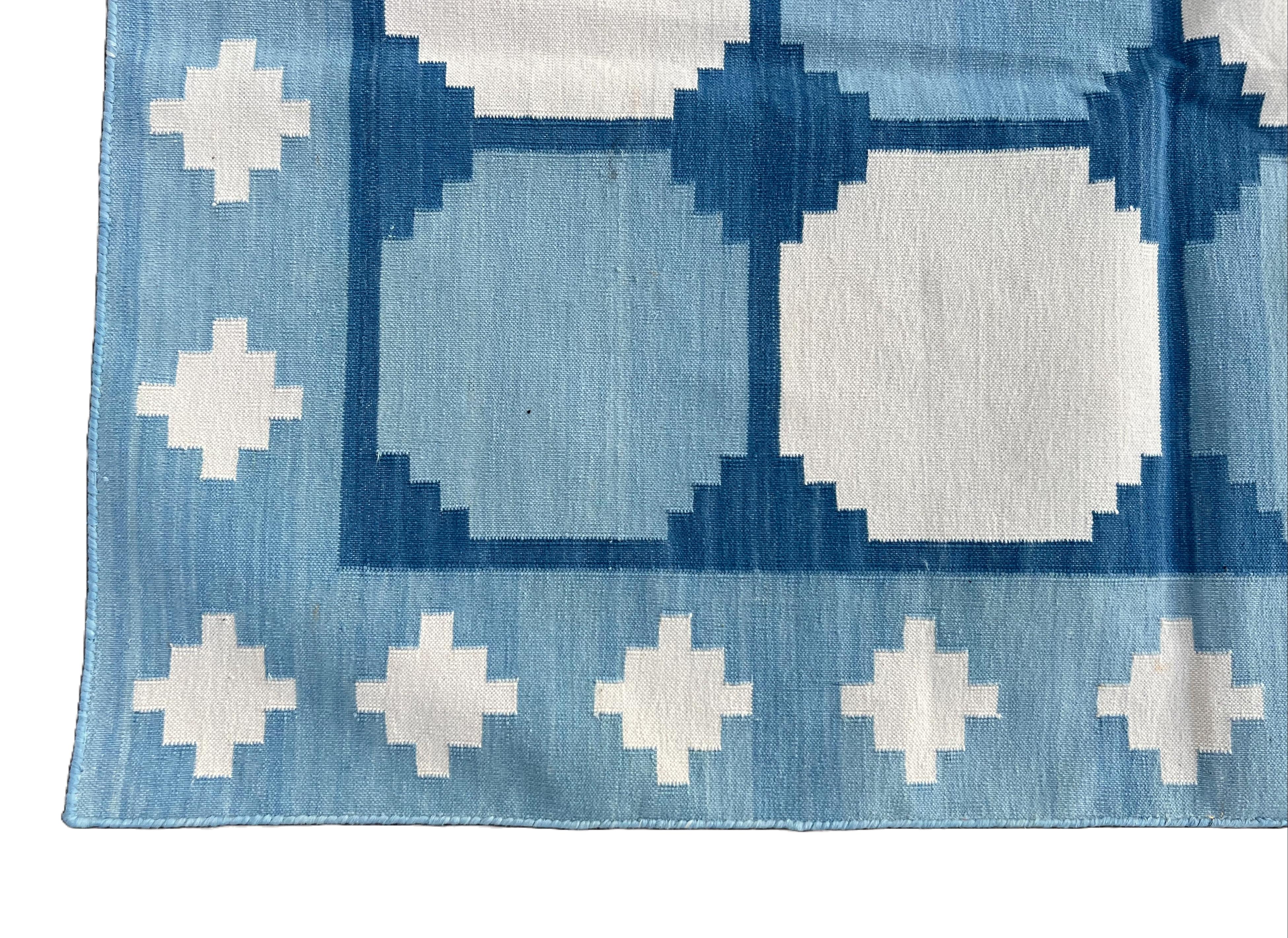 Handmade Cotton Area Flat Weave Rug, 4x6 Blue And White Tile Indian Dhurrie Rug For Sale 1