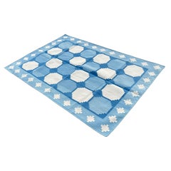 Tapis Dhurrie indien fait à la main, 4x6 carreaux bleus et blancs