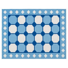 Tapis Dhurrie indien fait à la main, 4x6 carreaux bleus et blancs
