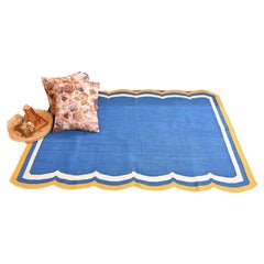 Handmade Cotton Area Flat Weave Rug, 4x6 Blue And Yellow Scallop Indian Dhurrie
