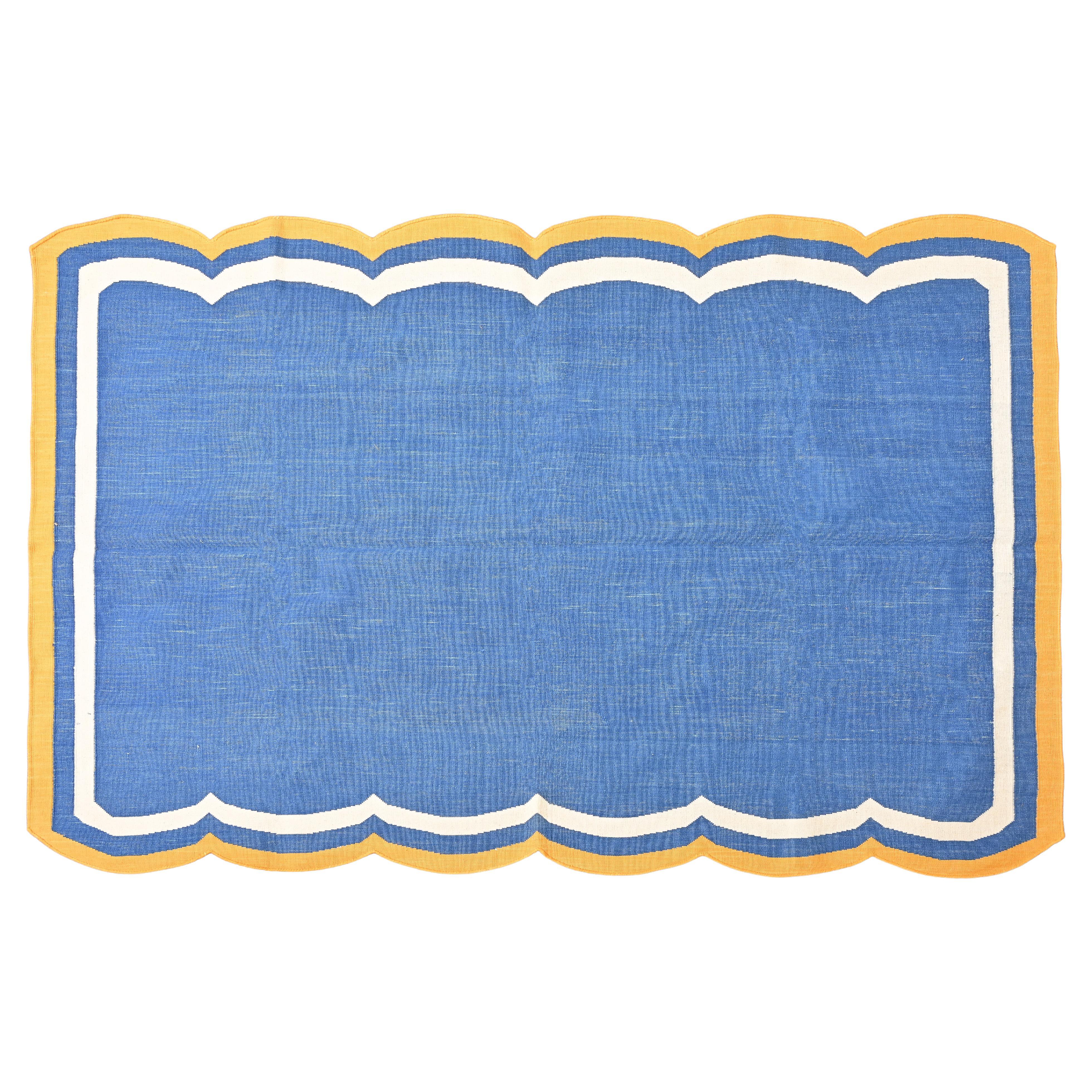 Handmade Cotton Area Flat Weave Rug, 4x6 Blue And Yellow Scallop Indian Dhurrie
