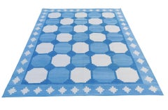 Handmade Cotton Area Flat Weave Rug, 4x6 Blue, White Tile Pattern Indian Dhurrie