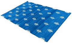 Handmade Cotton Area Flat Weave Rug, 4x6 Blue, White Tree Pattern Indian Dhurrie