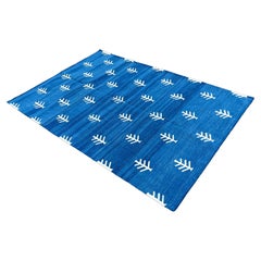 Handmade Cotton Area Flat Weave Rug, 4x6 Blue, White Tree Pattern Indian Dhurrie