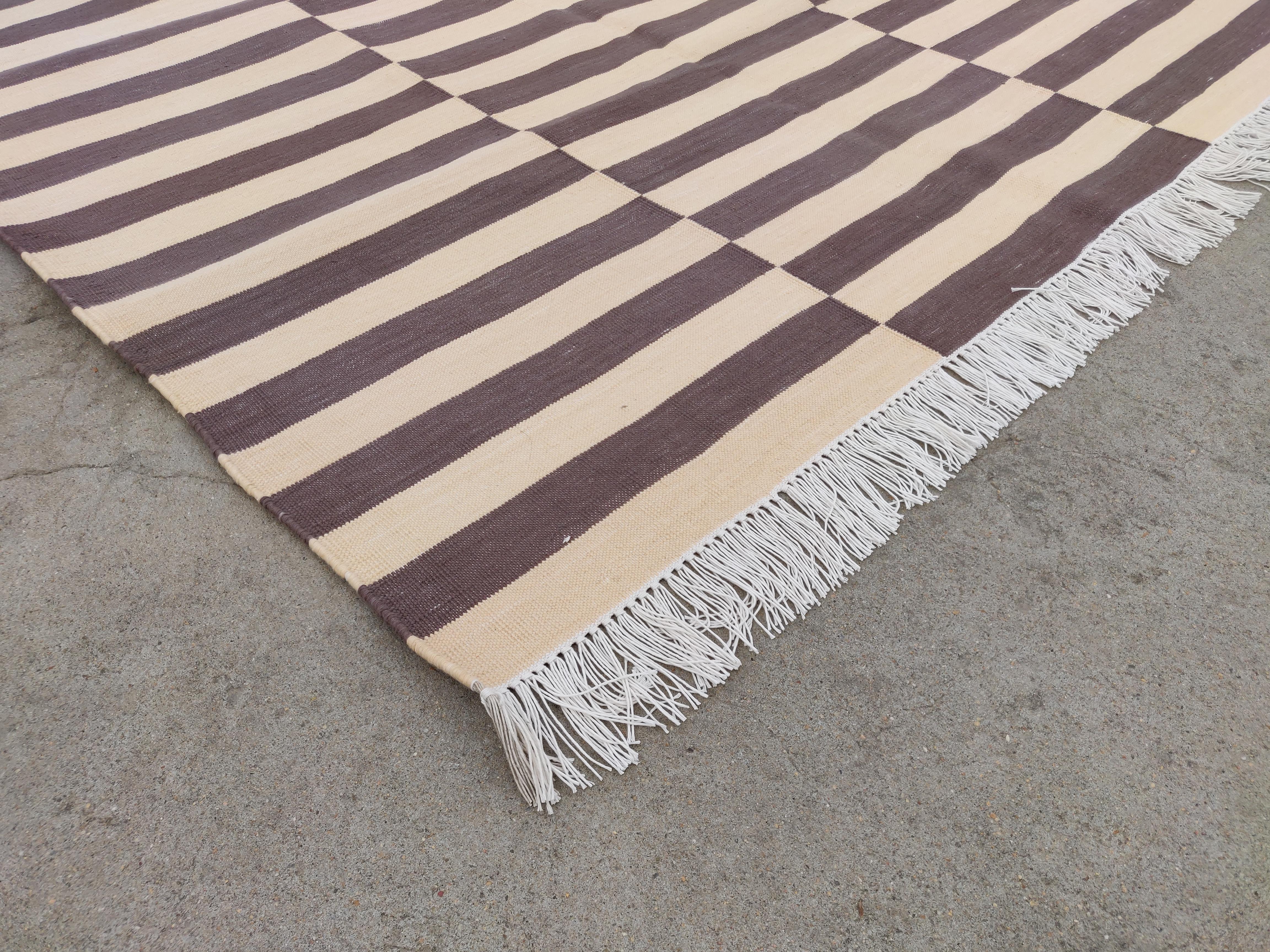 Mid-Century Modern Handmade Cotton Area Flat Weave Rug, 4x6 Brown And Beige Striped Indian Dhurrie For Sale