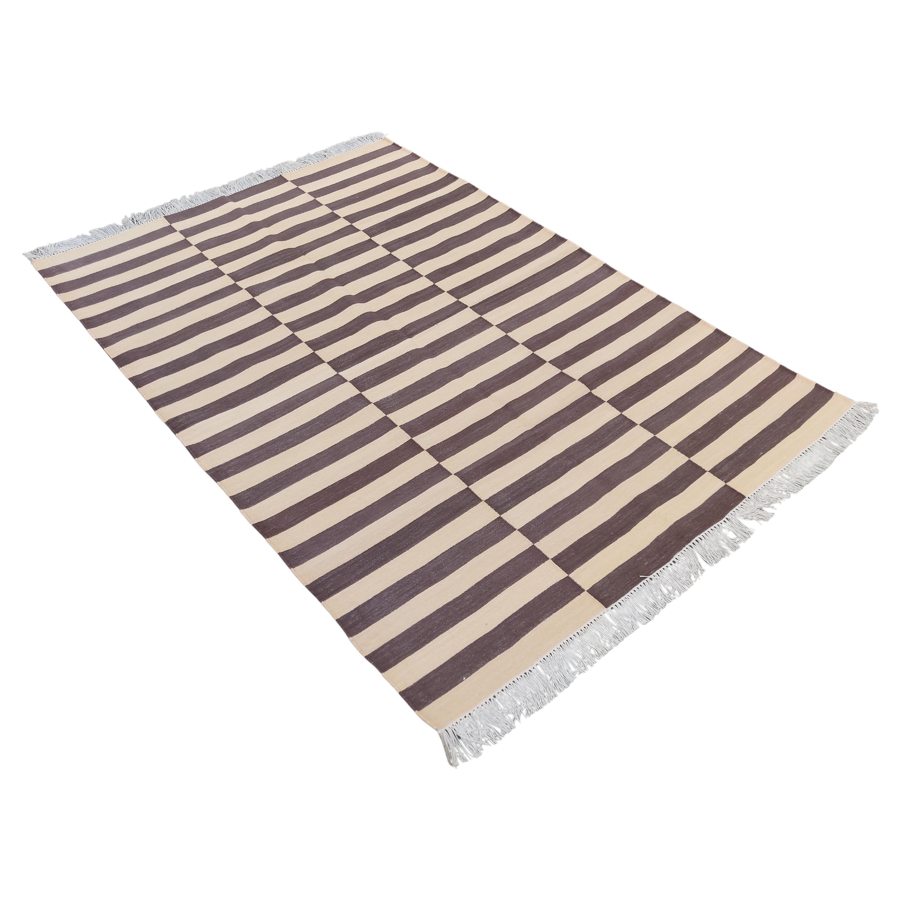 Handmade Cotton Area Flat Weave Rug, 4x6 Brown And Beige Striped Indian Dhurrie For Sale