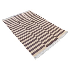 Handmade Cotton Area Flat Weave Rug, 4x6 Brown And Beige Striped Indian Dhurrie