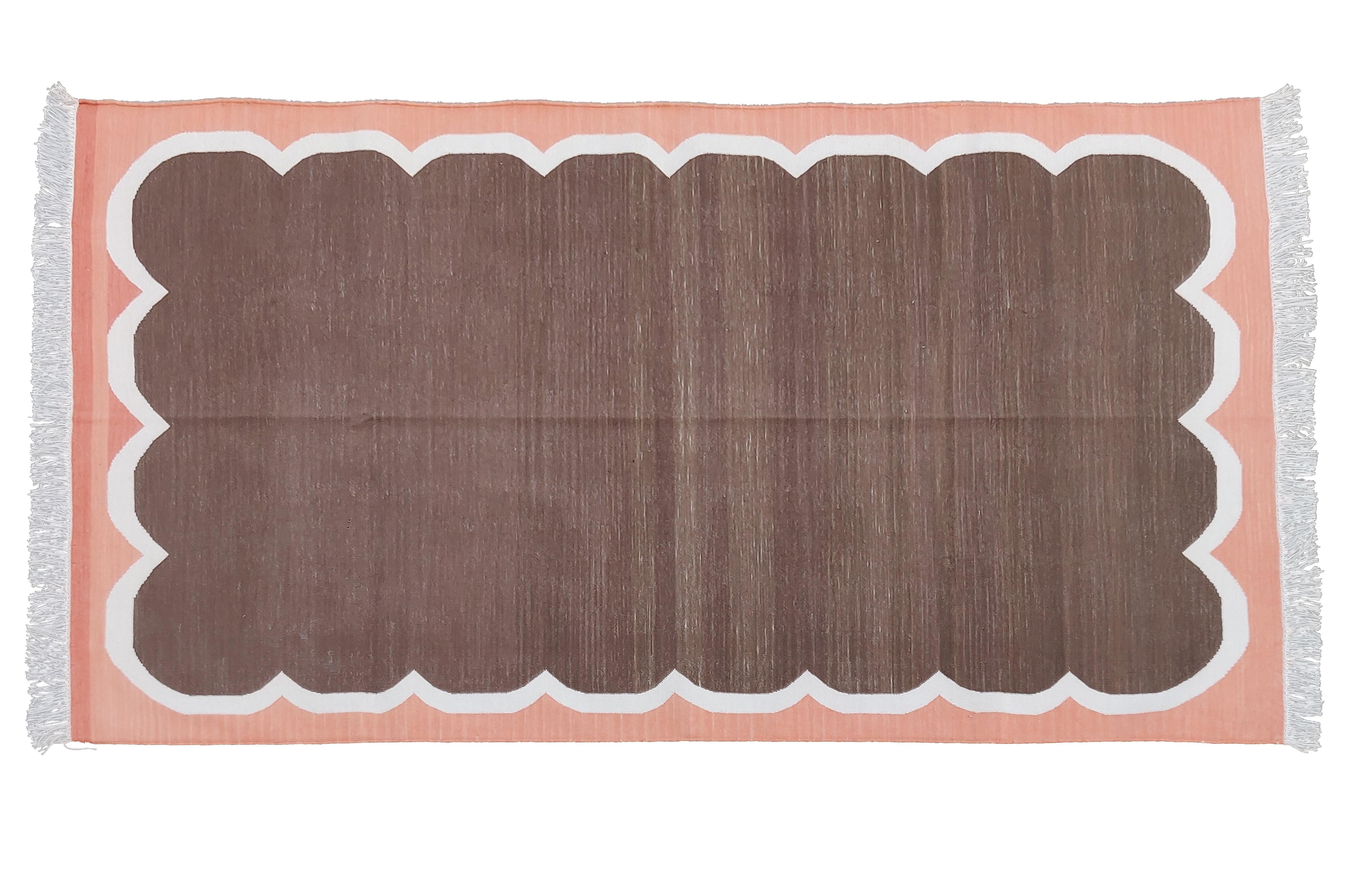 Handmade Cotton Area Flat Weave Rug, 4x6 Brown And Coral Striped Indian Dhurrie For Sale 4
