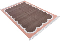 Handmade Cotton Area Flat Weave Rug, 4x6 Brown And Coral Striped Indian Dhurrie