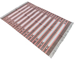 Handmade Cotton Area Flat Weave Rug, 4x6 Brown And Coral Striped Indian Dhurrie