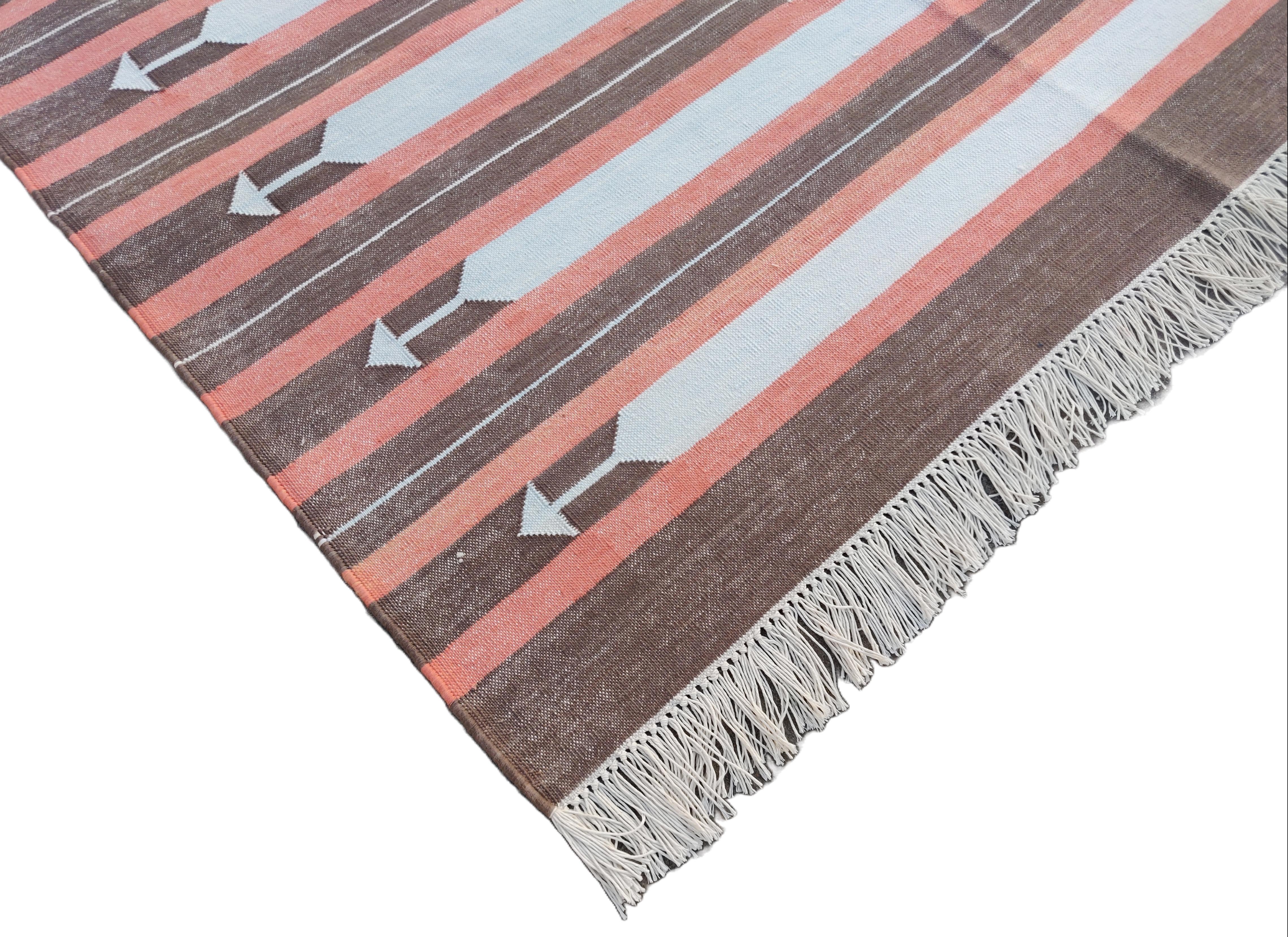 Mid-Century Modern Handmade Cotton Area Flat Weave Rug, 4x6 Brown And Coral Striped Indian Dhurrie For Sale
