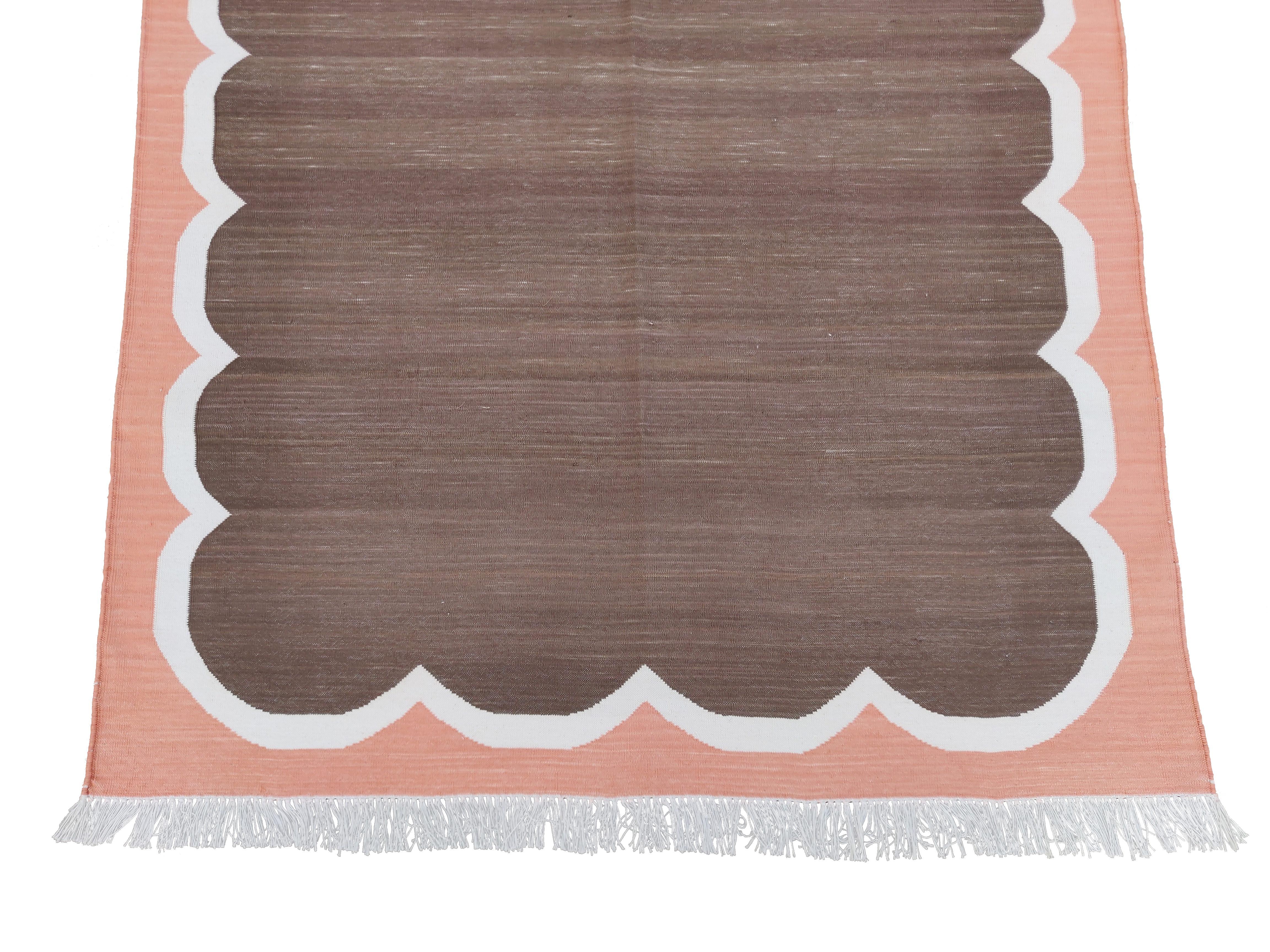 Contemporary Handmade Cotton Area Flat Weave Rug, 4x6 Brown And Coral Striped Indian Dhurrie For Sale
