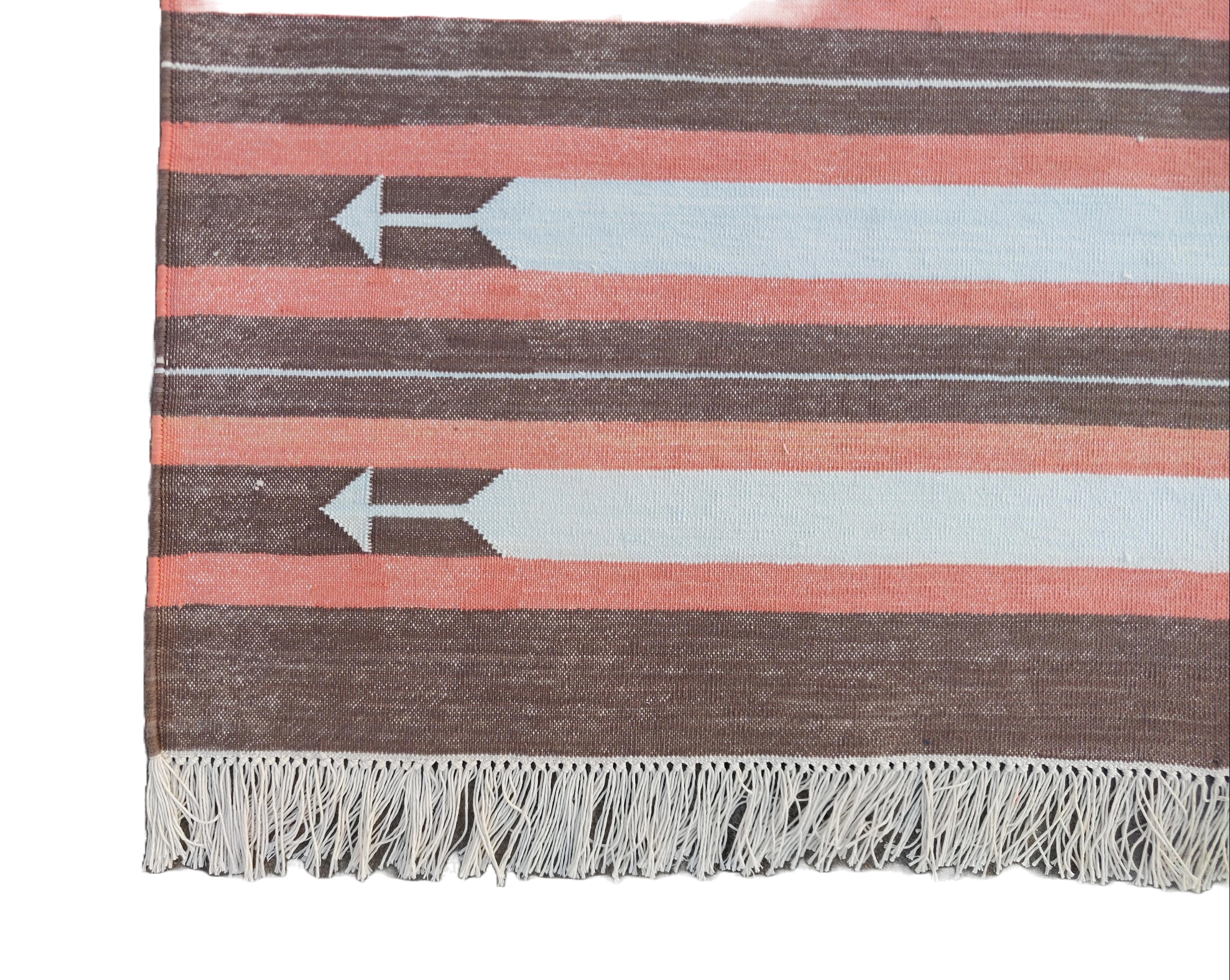 Handmade Cotton Area Flat Weave Rug, 4x6 Brown And Coral Striped Indian Dhurrie For Sale 1
