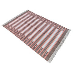 Tapis de sol en coton tissé à plat, 4x6 Brown and Coral Striped Indian Dhurrie