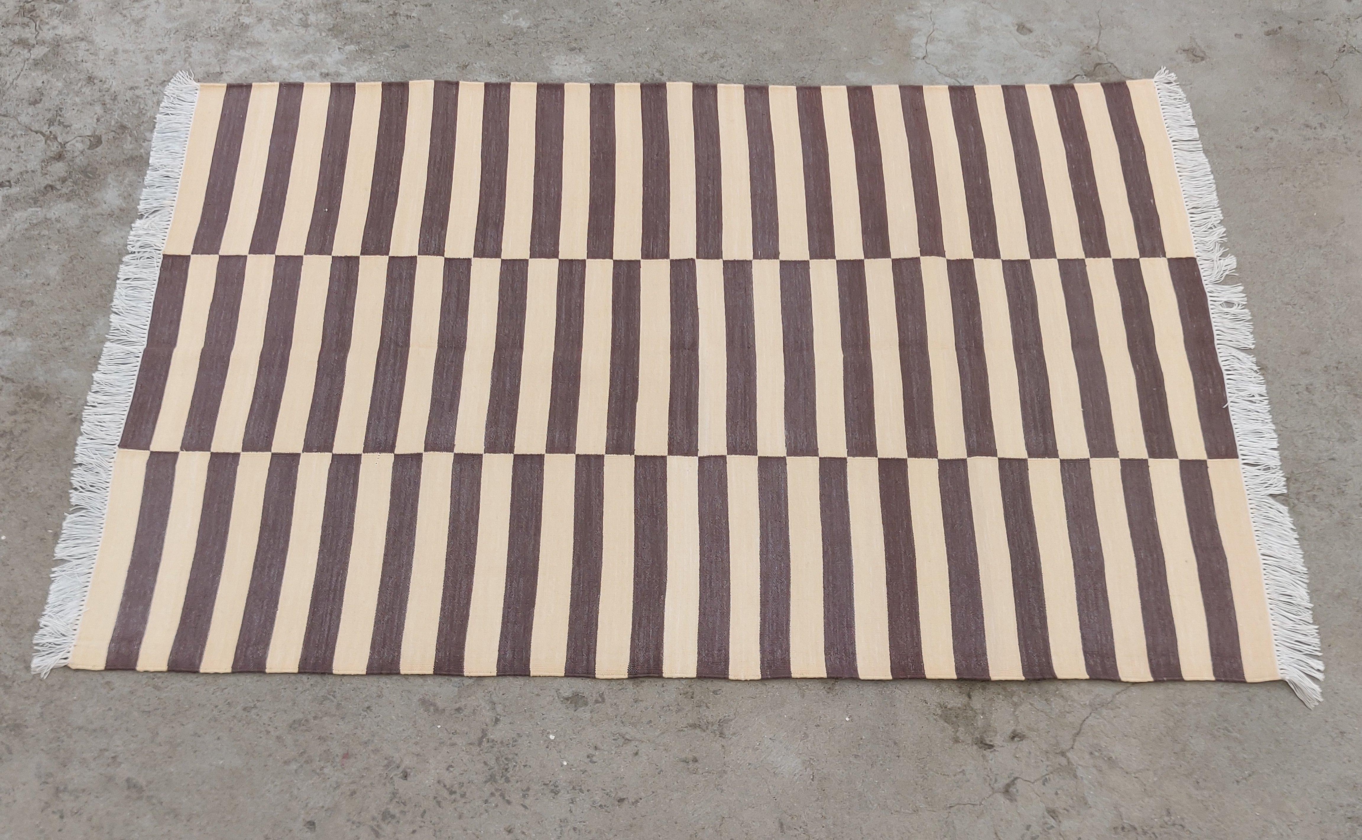 Handmade Cotton Area Flat Weave Rug, 4x6 Brown And Cream Striped Indian Dhurrie For Sale 4