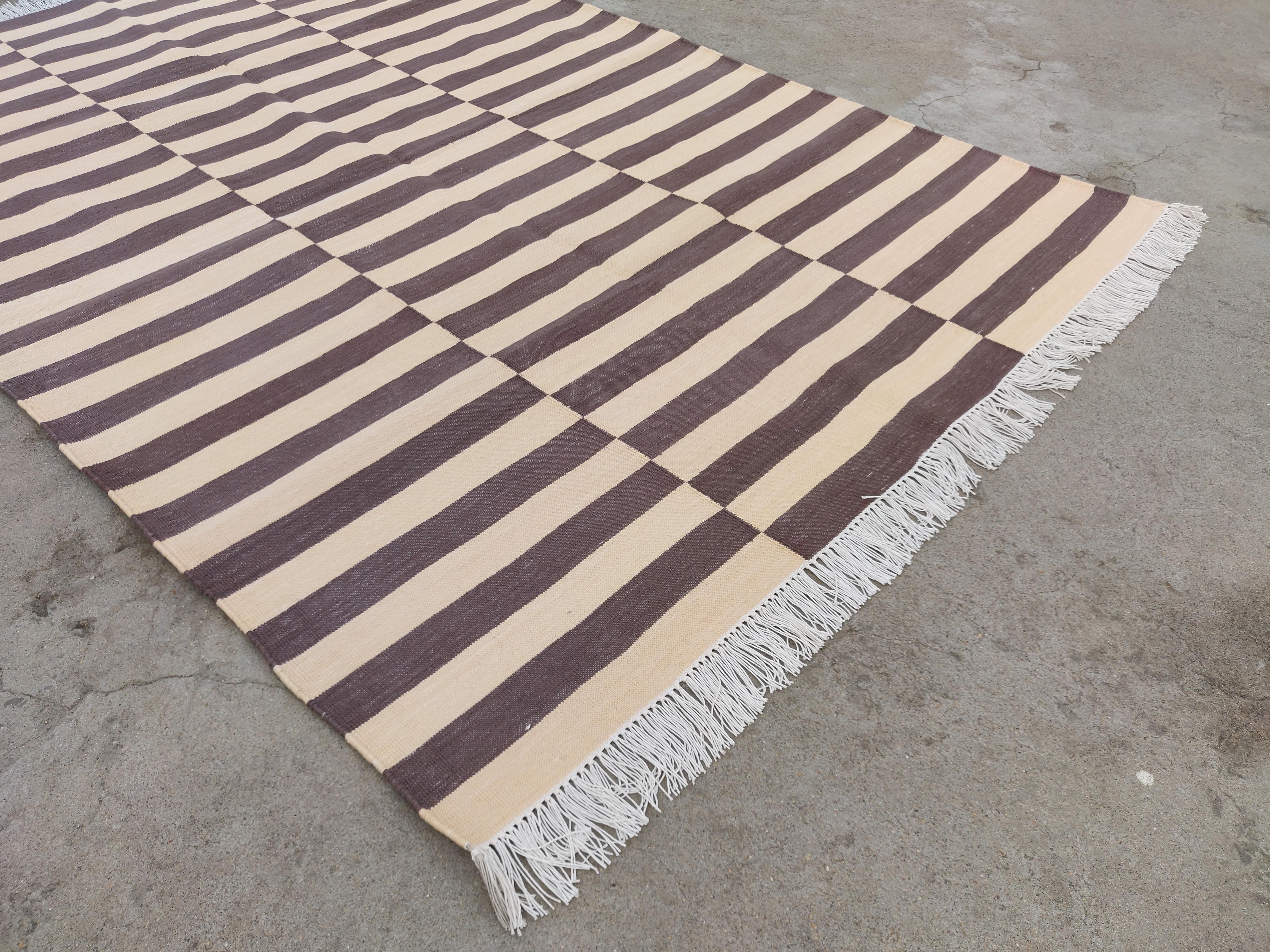 Hand-Woven Handmade Cotton Area Flat Weave Rug, 4x6 Brown And Cream Striped Indian Dhurrie For Sale
