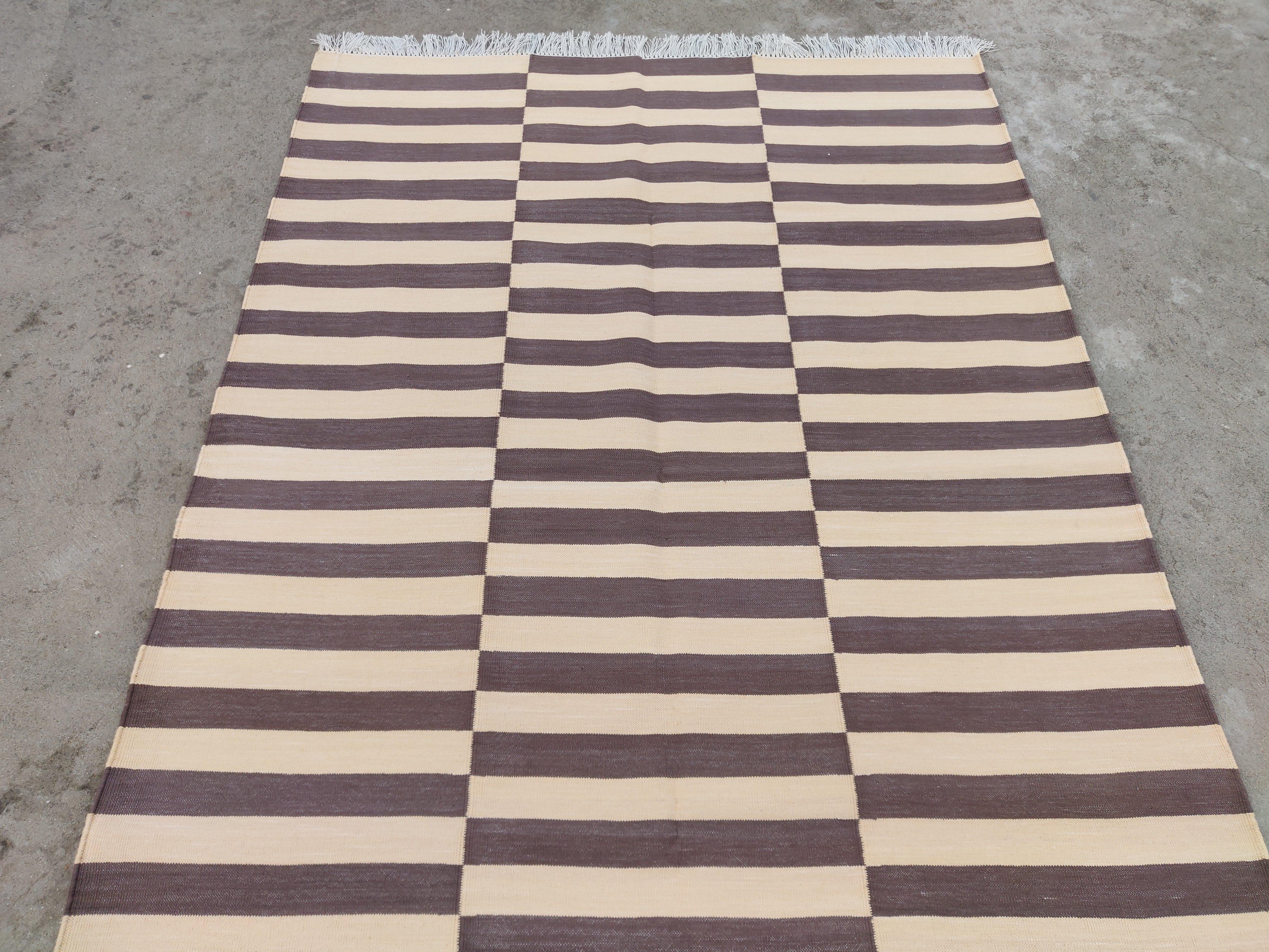 Contemporary Handmade Cotton Area Flat Weave Rug, 4x6 Brown And Cream Striped Indian Dhurrie For Sale