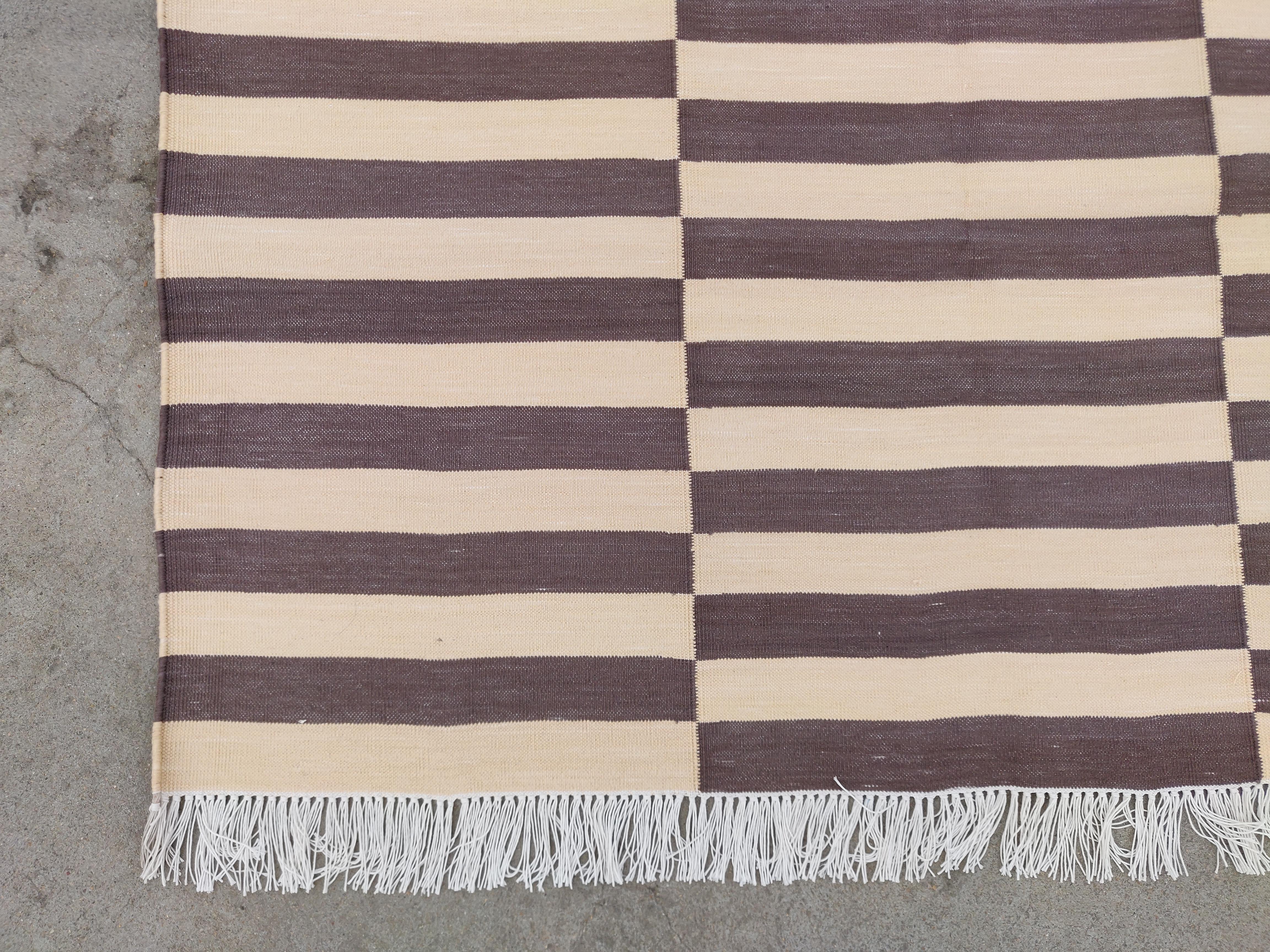 Handmade Cotton Area Flat Weave Rug, 4x6 Brown And Cream Striped Indian Dhurrie For Sale 1