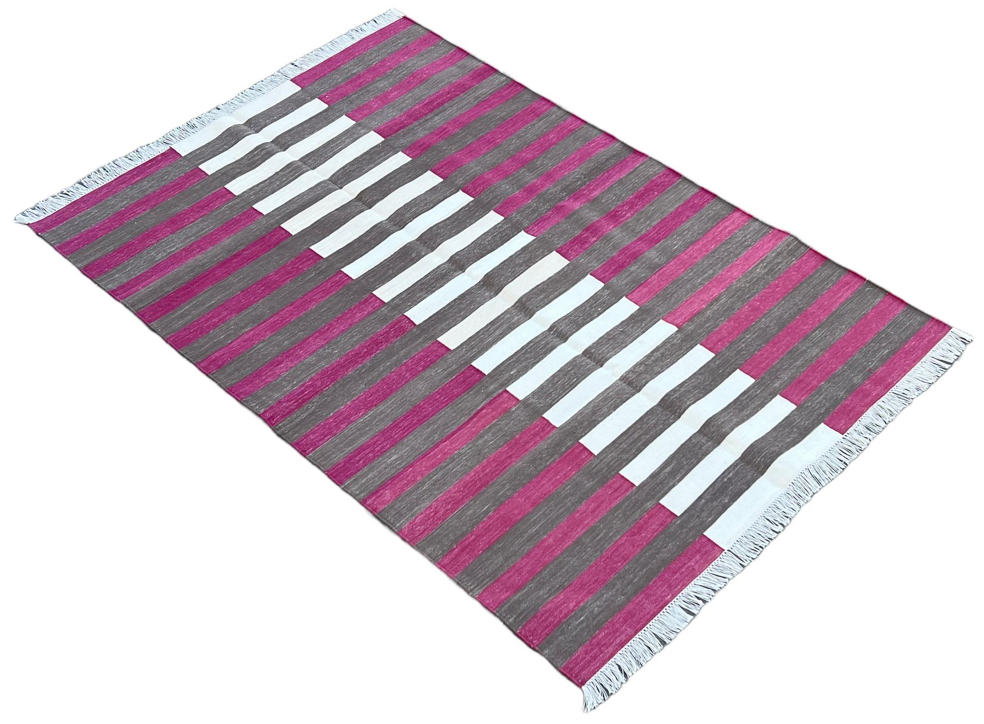 Handmade Cotton Area Flat Weave Rug, 4x6 Brown And Pink Striped Indian Dhurrie For Sale 4