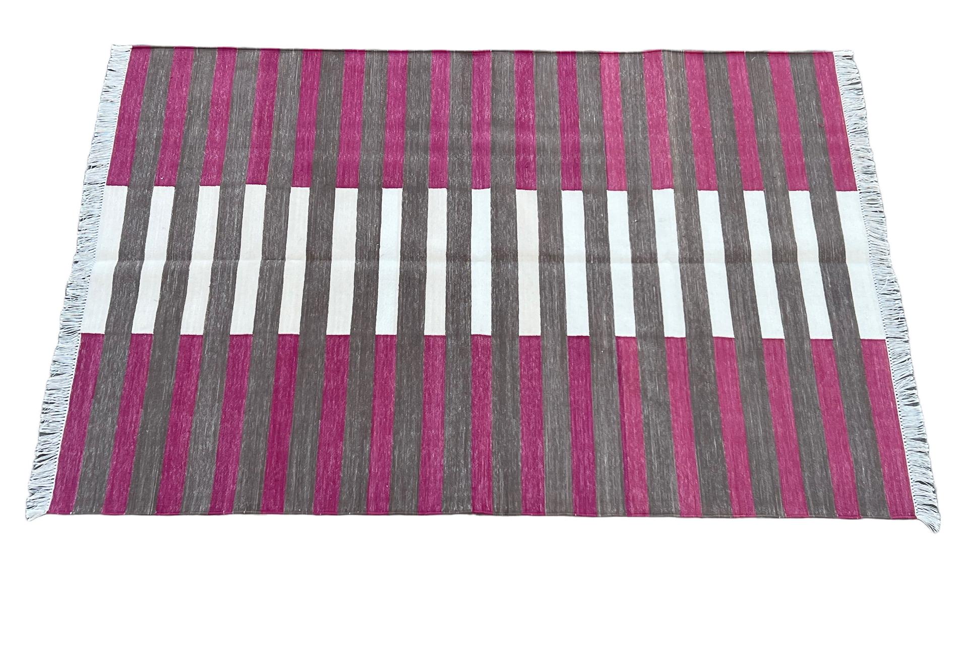 Handmade Cotton Area Flat Weave Rug, 4x6 Brown And Pink Striped Indian Dhurrie For Sale 5