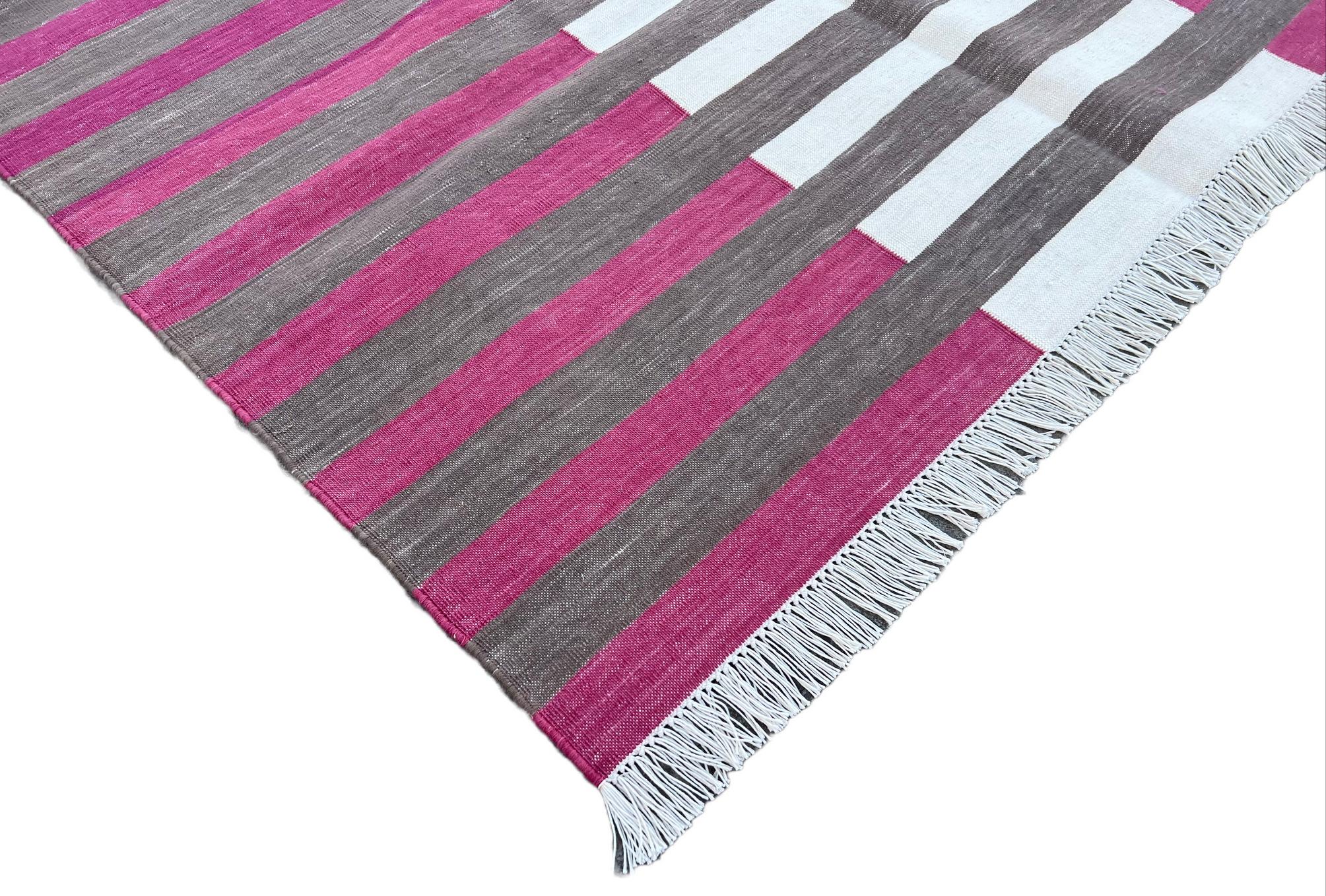 Mid-Century Modern Handmade Cotton Area Flat Weave Rug, 4x6 Brown And Pink Striped Indian Dhurrie For Sale