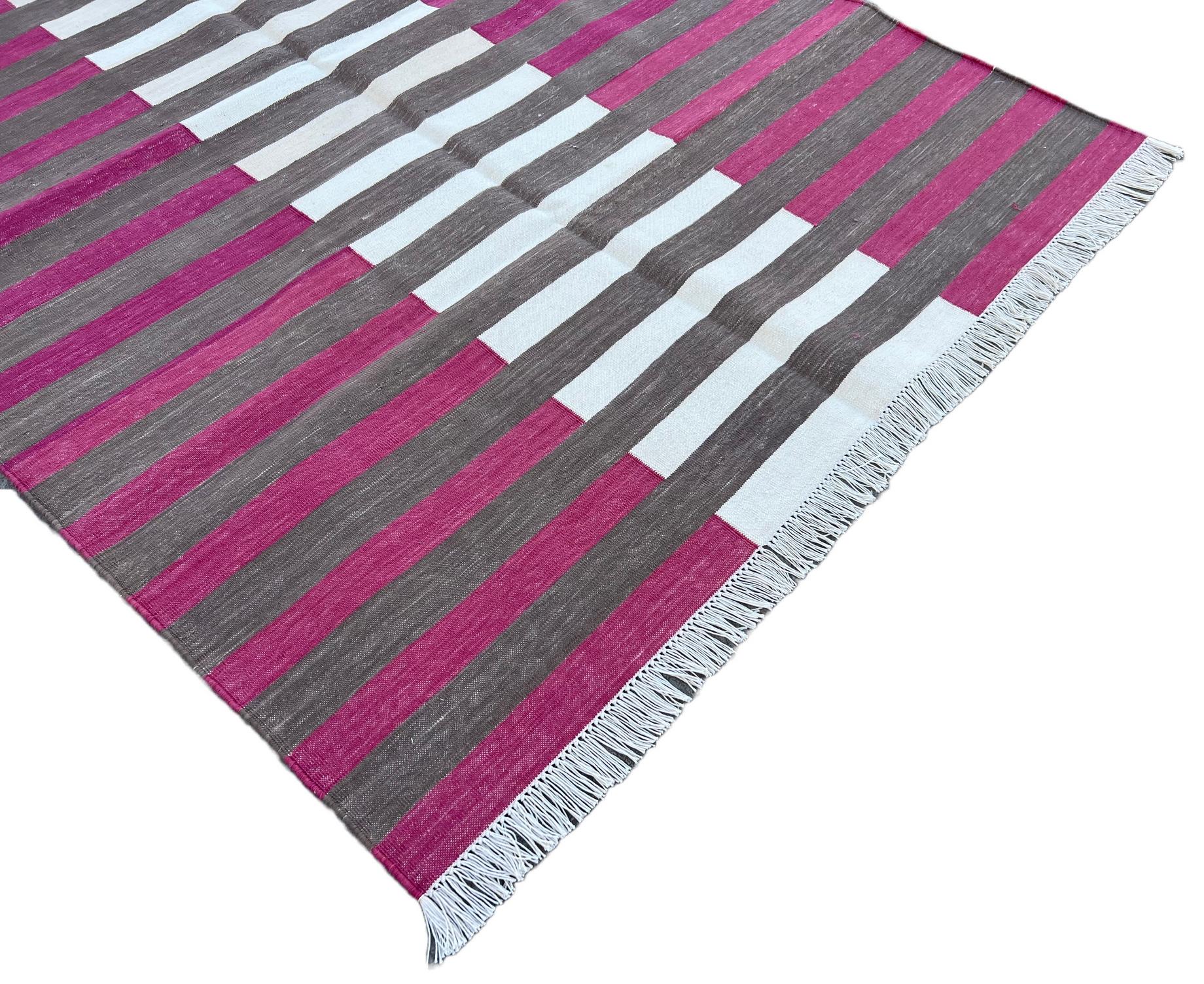 Hand-Woven Handmade Cotton Area Flat Weave Rug, 4x6 Brown And Pink Striped Indian Dhurrie For Sale