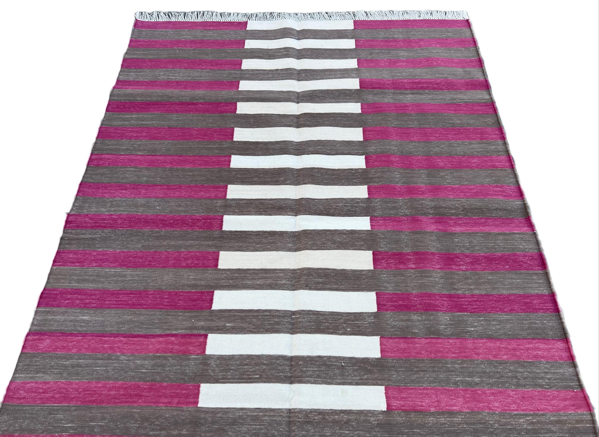 Handmade Cotton Area Flat Weave Rug, 4x6 Brown And Pink Striped Indian Dhurrie For Sale 1