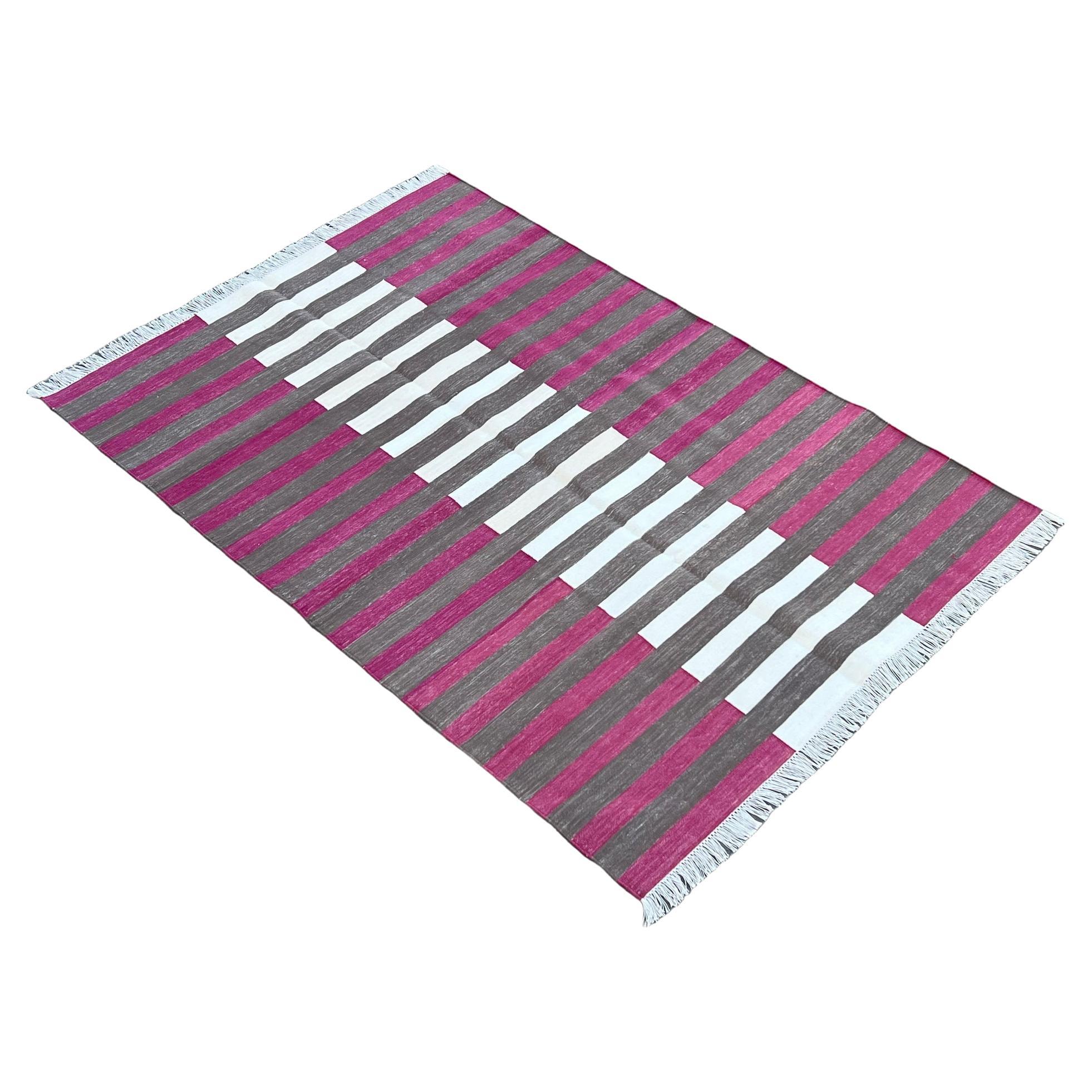 Handmade Cotton Area Flat Weave Rug, 4x6 Brown And Pink Striped Indian Dhurrie For Sale