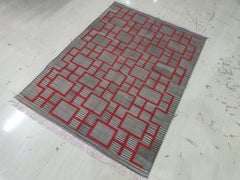 Tapis de sol en coton tissé à plat, 4x6 Brown and Red Geometric Indian Dhurrie