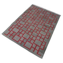 Handgefertigter Flachgewebe-Teppich aus Baumwolle, 4x6 Brown and Red Geometric Indian Dhurrie