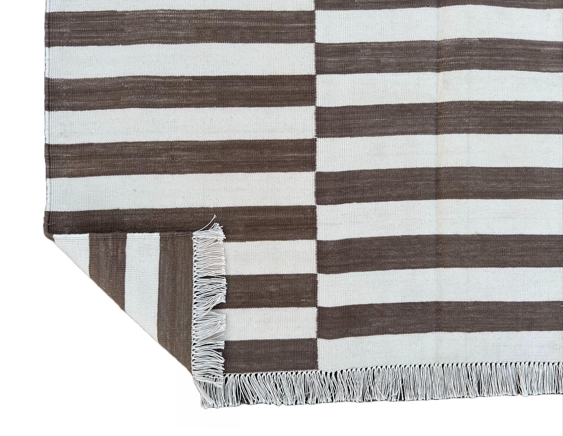 Handmade Cotton Area Flat Weave Rug, 4x6 Brown And White Striped Indian Dhurrie For Sale 4