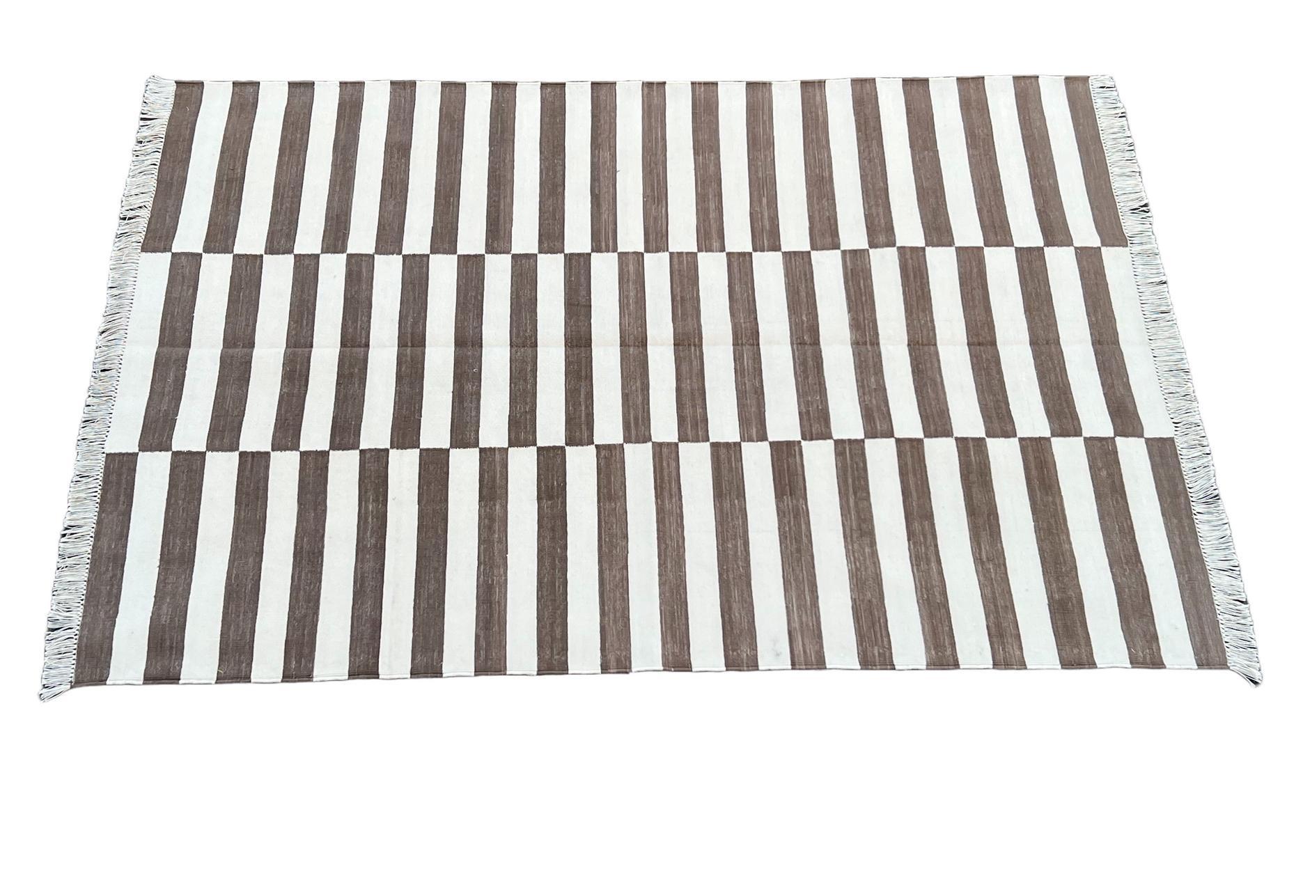Mid-Century Modern Handmade Cotton Area Flat Weave Rug, 4x6 Brown And White Striped Indian Dhurrie For Sale