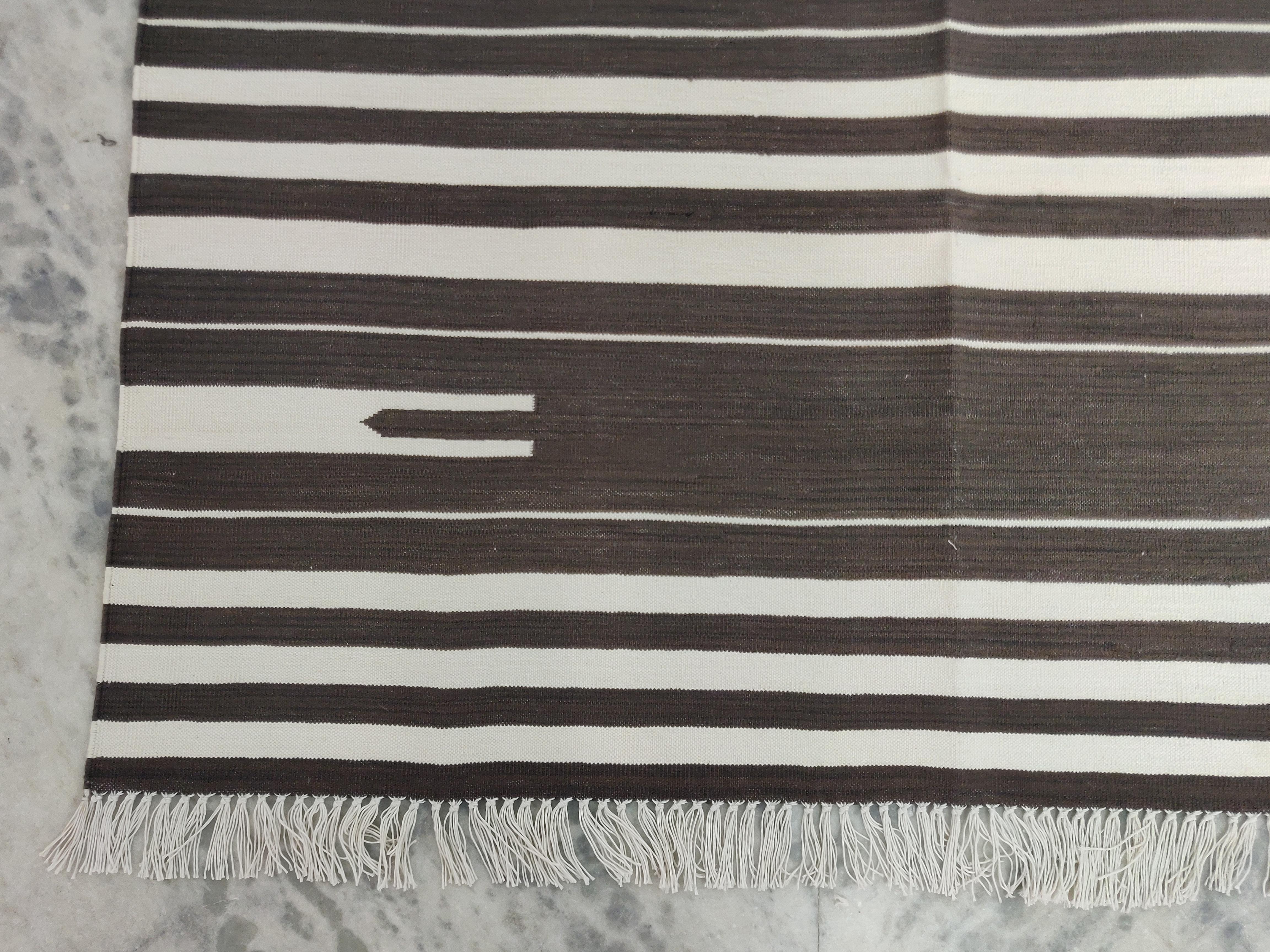 Contemporary Handmade Cotton Area Flat Weave Rug, 4x6 Brown And White Striped Indian Dhurrie For Sale