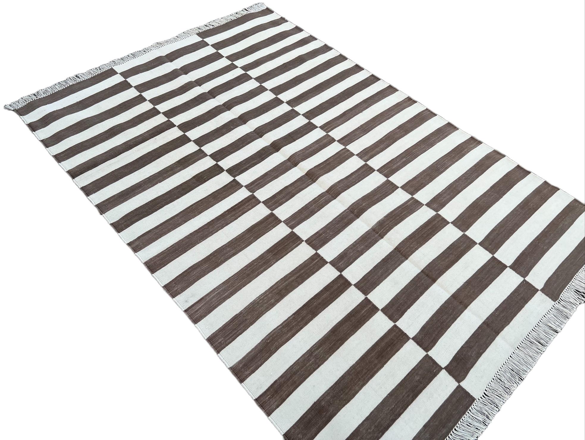 Handmade Cotton Area Flat Weave Rug, 4x6 Brown And White Striped Indian Dhurrie For Sale 1