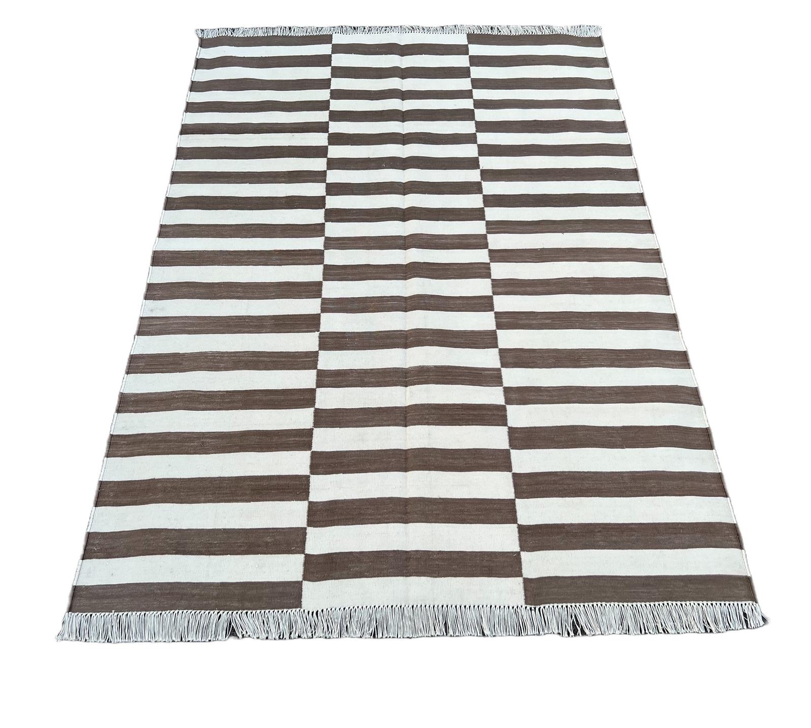 Handmade Cotton Area Flat Weave Rug, 4x6 Brown And White Striped Indian Dhurrie For Sale 2