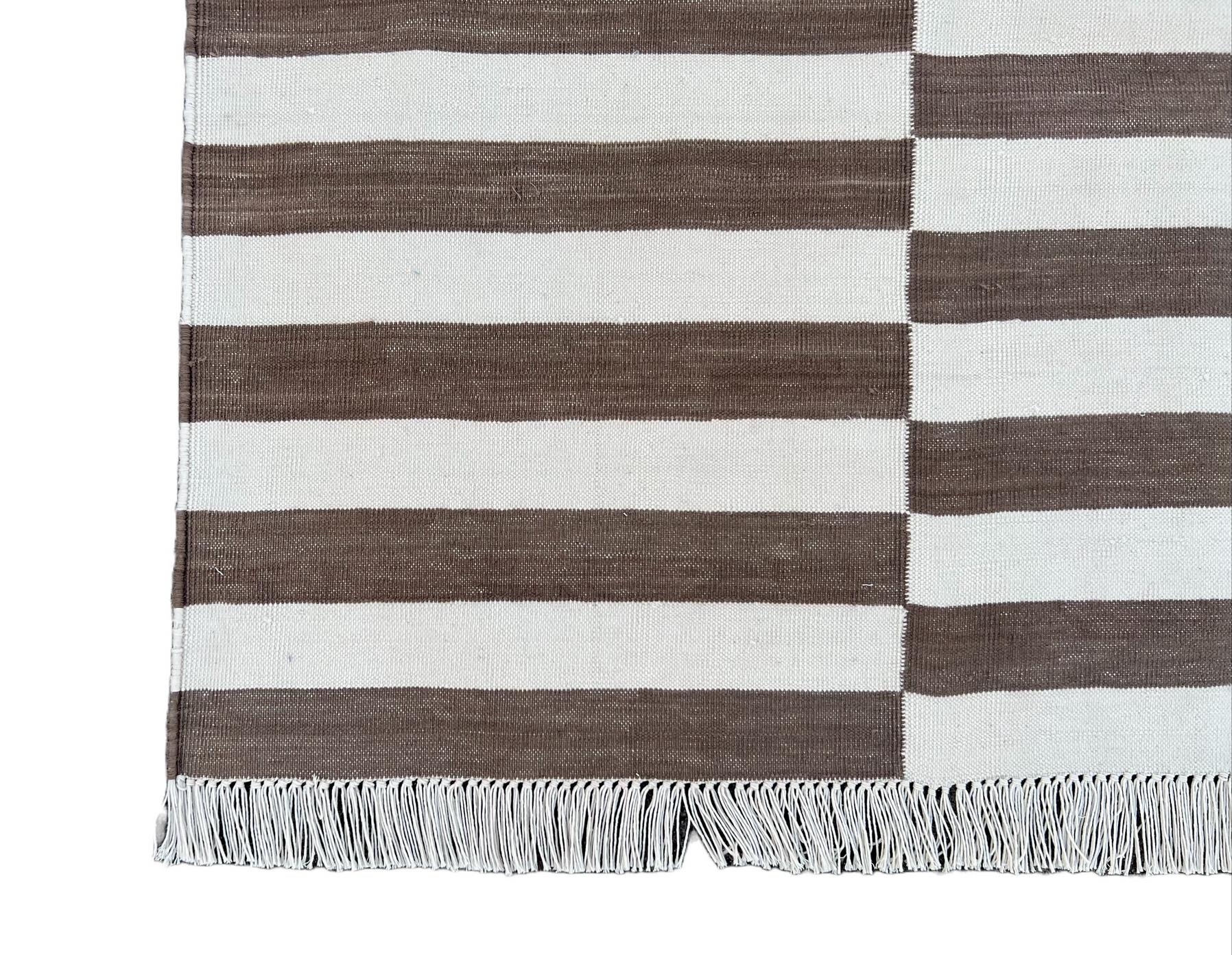 Handmade Cotton Area Flat Weave Rug, 4x6 Brown And White Striped Indian Dhurrie For Sale 3