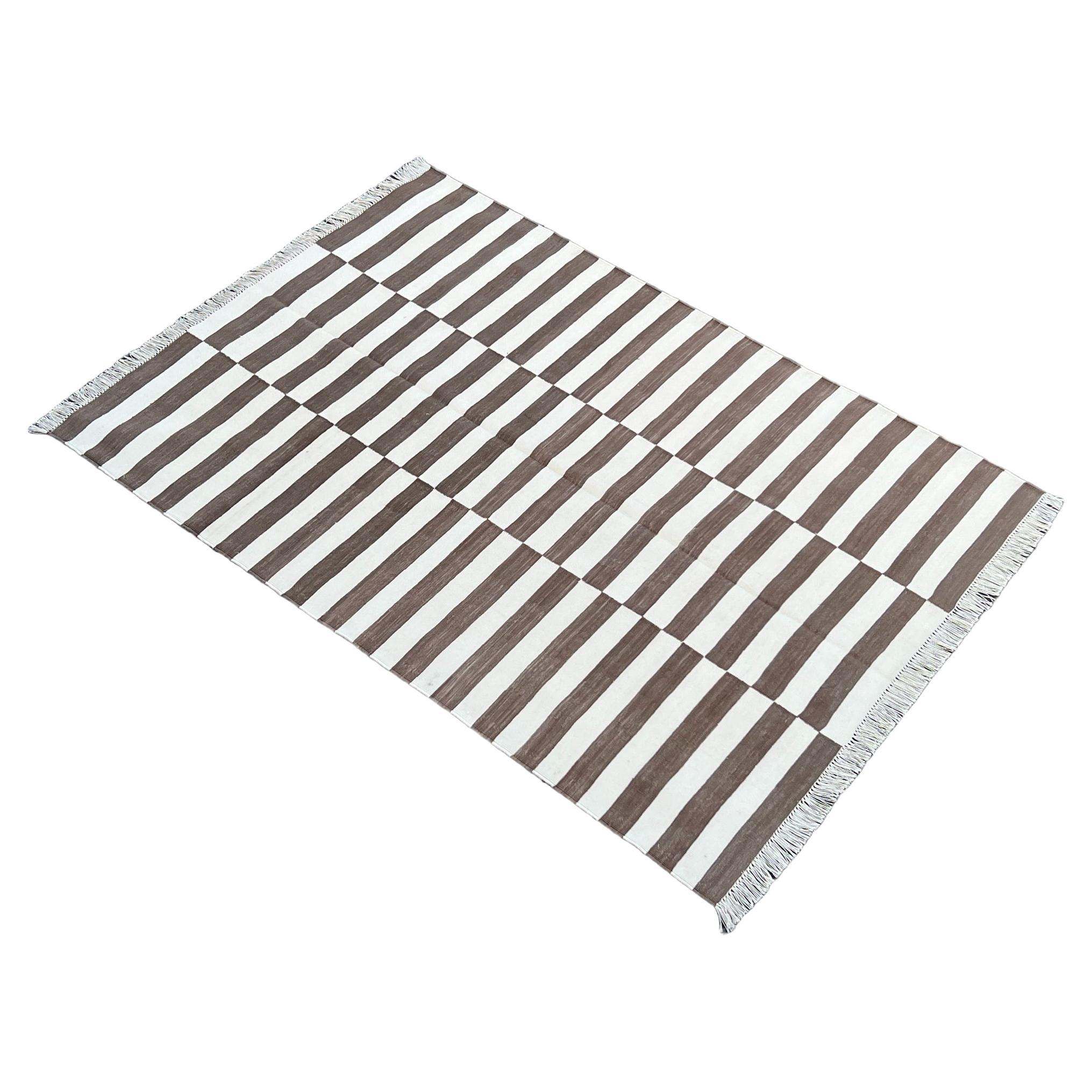 Handmade Cotton Area Flat Weave Rug, 4x6 Brown And White Striped Indian Dhurrie For Sale