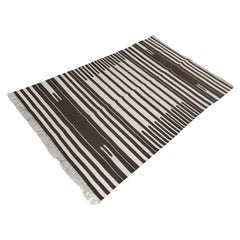 Handmade Cotton Area Flat Weave Rug, 4x6 Brown And White Striped Indian Dhurrie