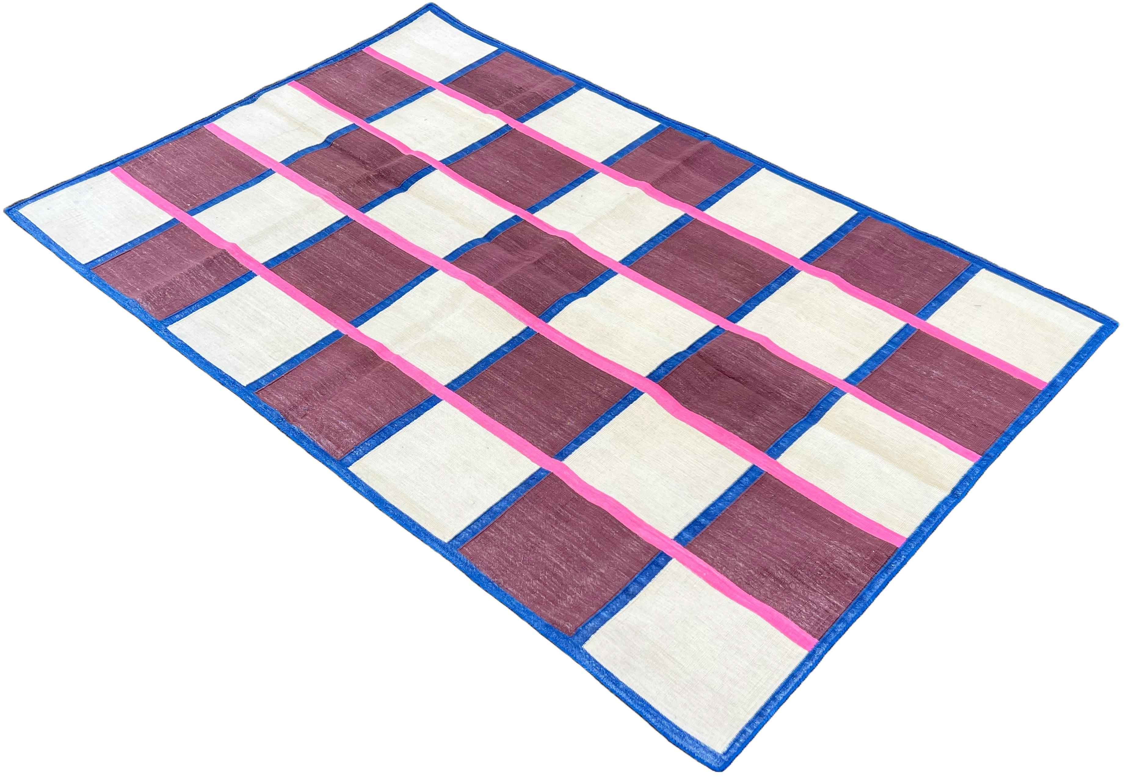 Handmade Cotton Area Flat Weave Rug, 4x6 Brown, Cream, Pink Check Indian Dhurrie For Sale 4