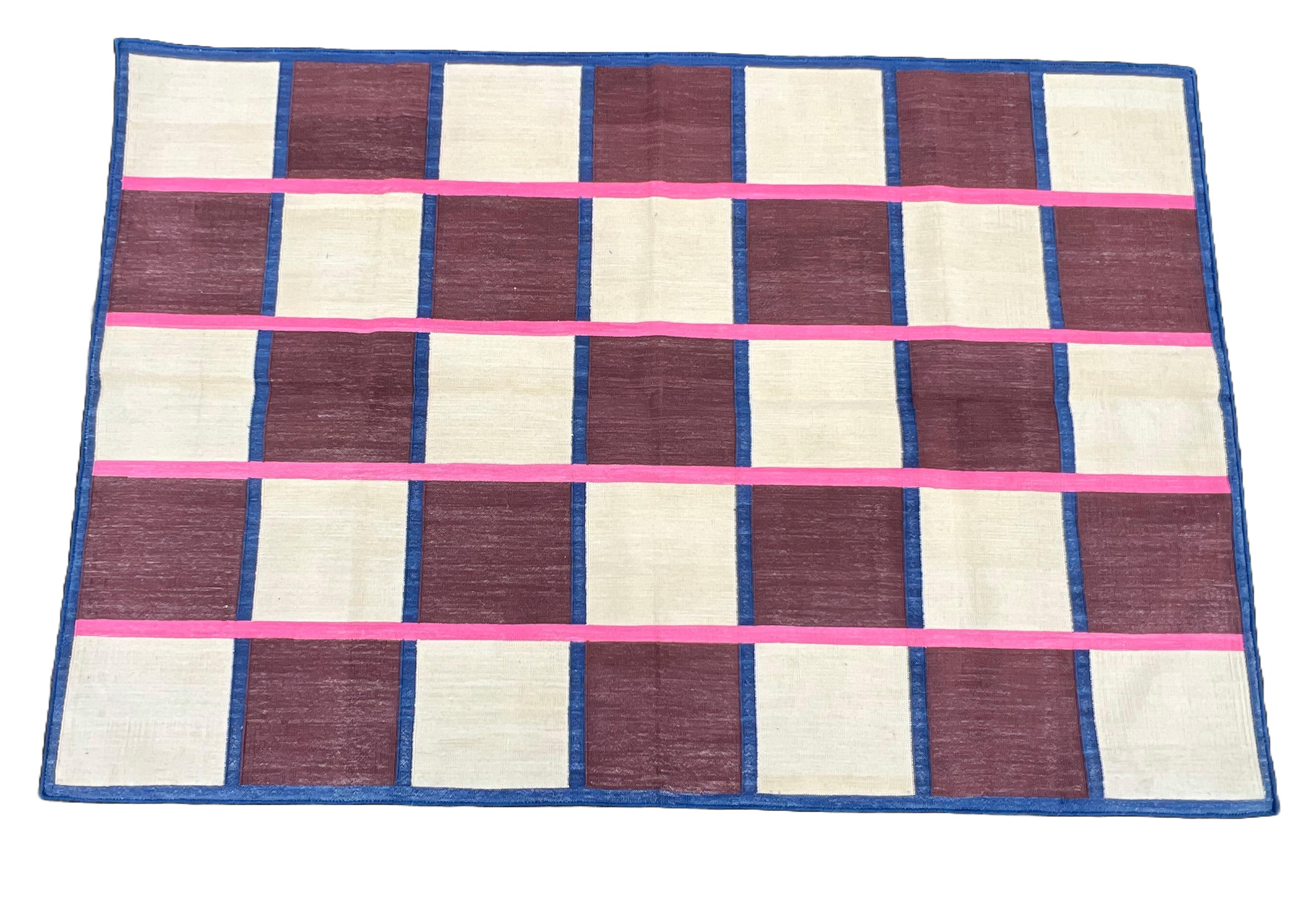 Cotton Natural Vegetable Dyed, Coffee Brown, Cream, Blue And Pink Checked Rug- Size 4'x6' (120x180cm)

These special flat-weave dhurries are hand-woven with 15 ply 100% cotton yarn. Due to the special manufacturing techniques used to create our