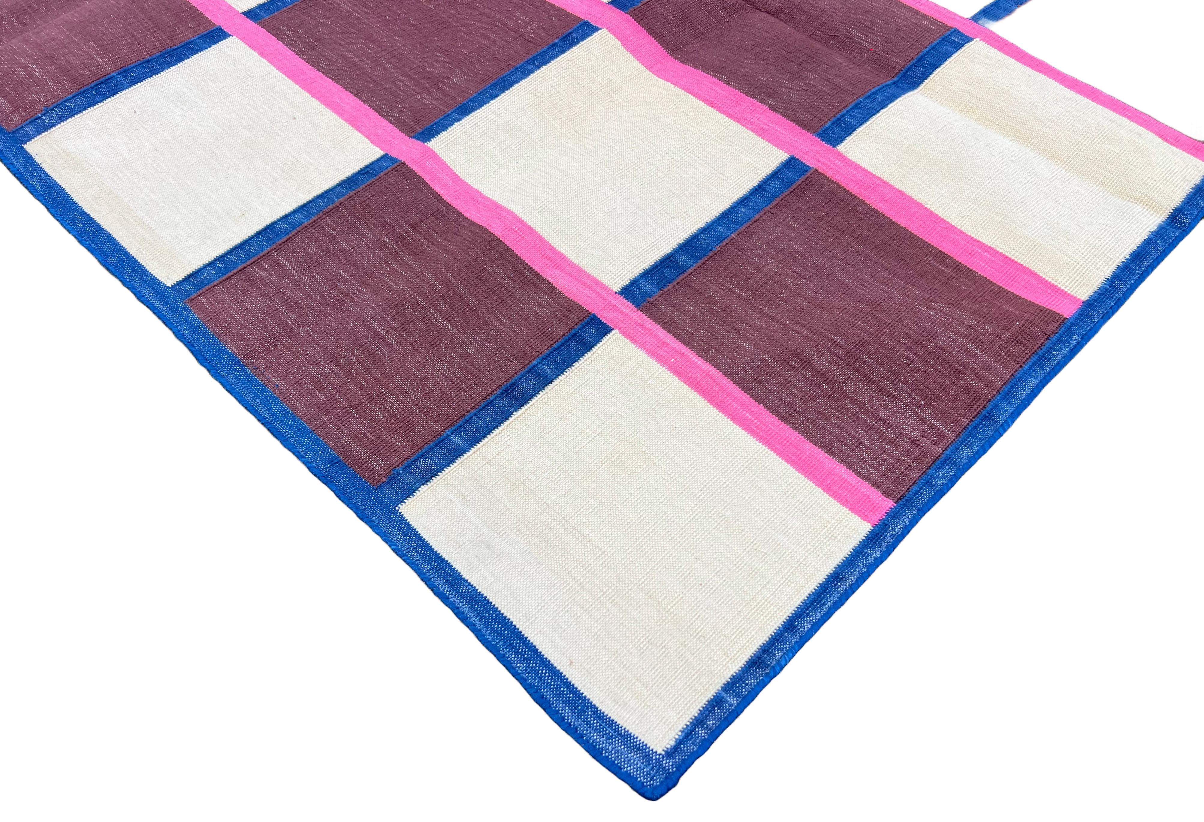 Mid-Century Modern Handmade Cotton Area Flat Weave Rug, 4x6 Brown, Cream, Pink Check Indian Dhurrie For Sale