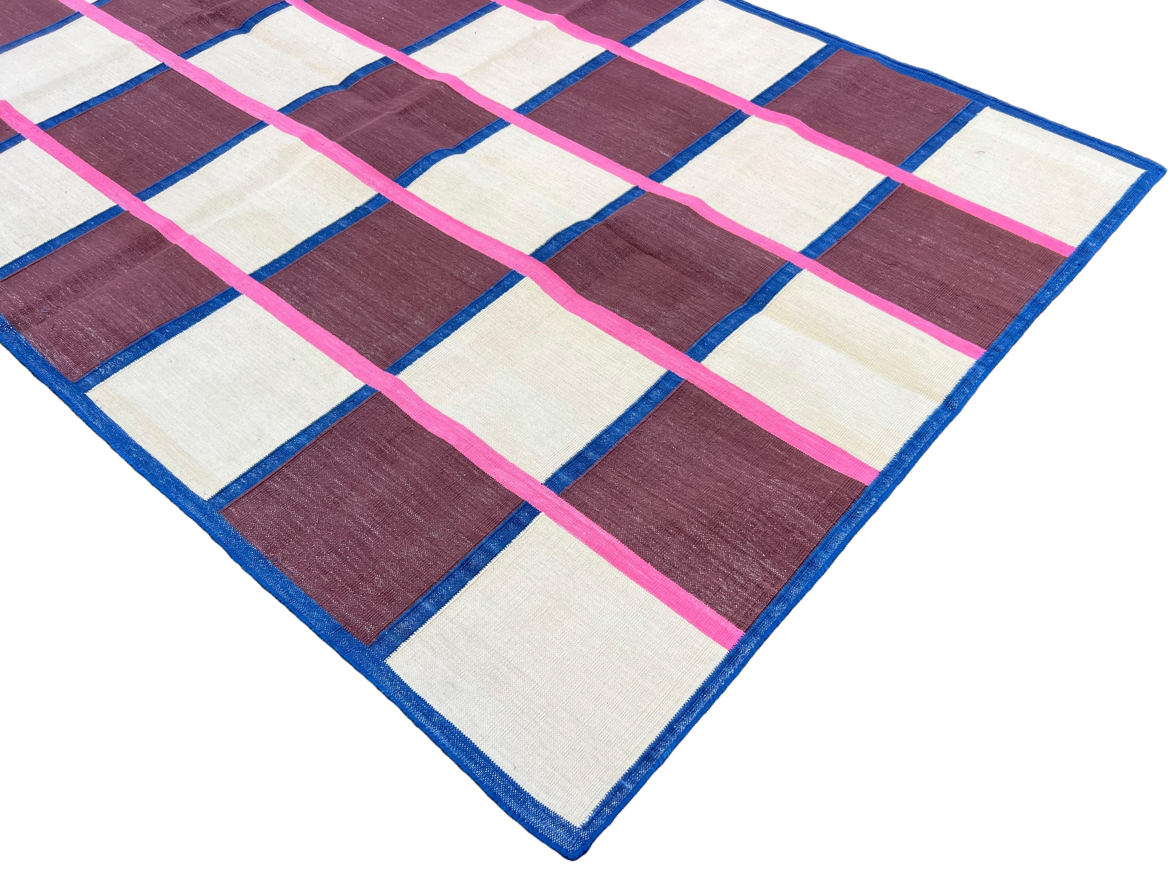 Hand-Woven Handmade Cotton Area Flat Weave Rug, 4x6 Brown, Cream, Pink Check Indian Dhurrie For Sale