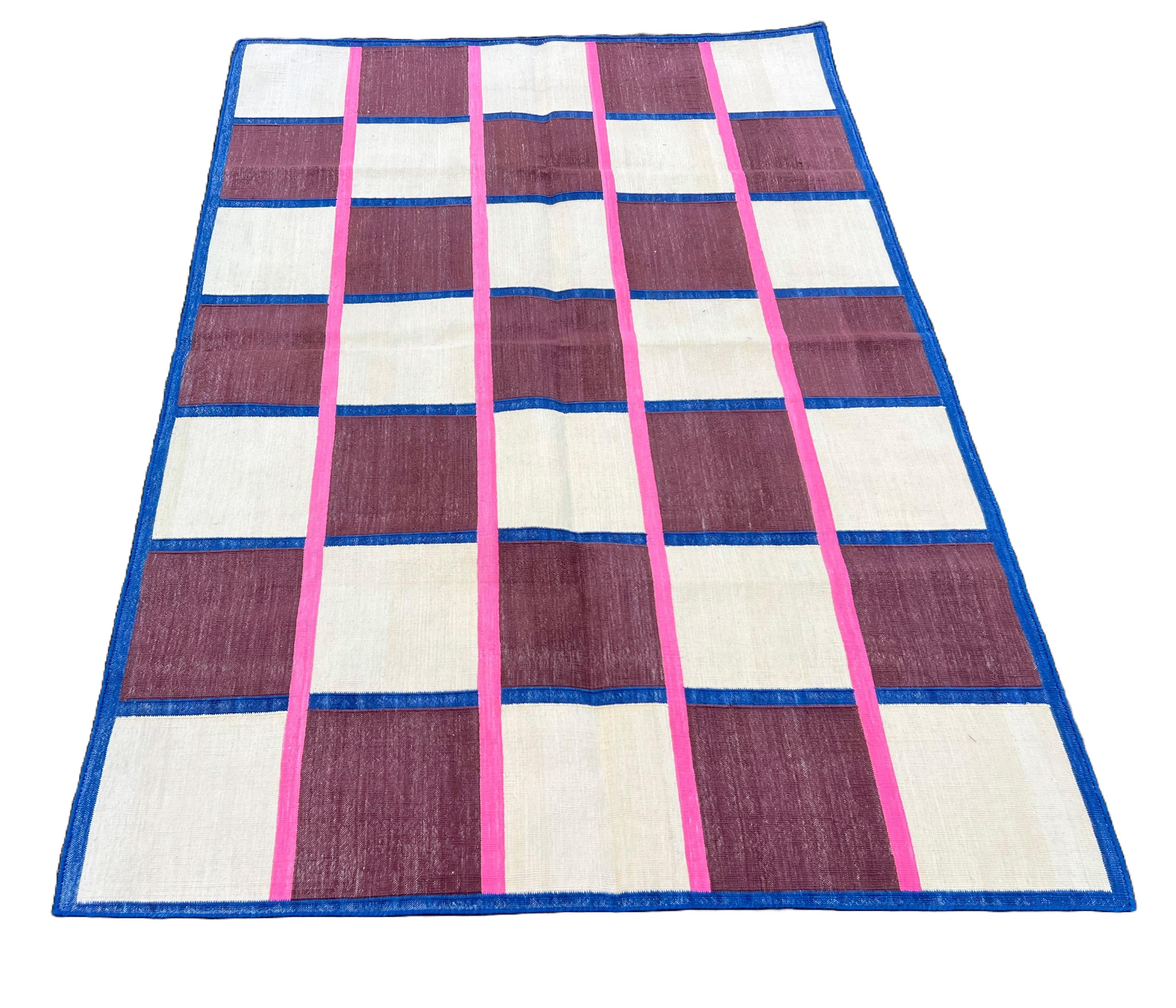 Contemporary Handmade Cotton Area Flat Weave Rug, 4x6 Brown, Cream, Pink Check Indian Dhurrie For Sale