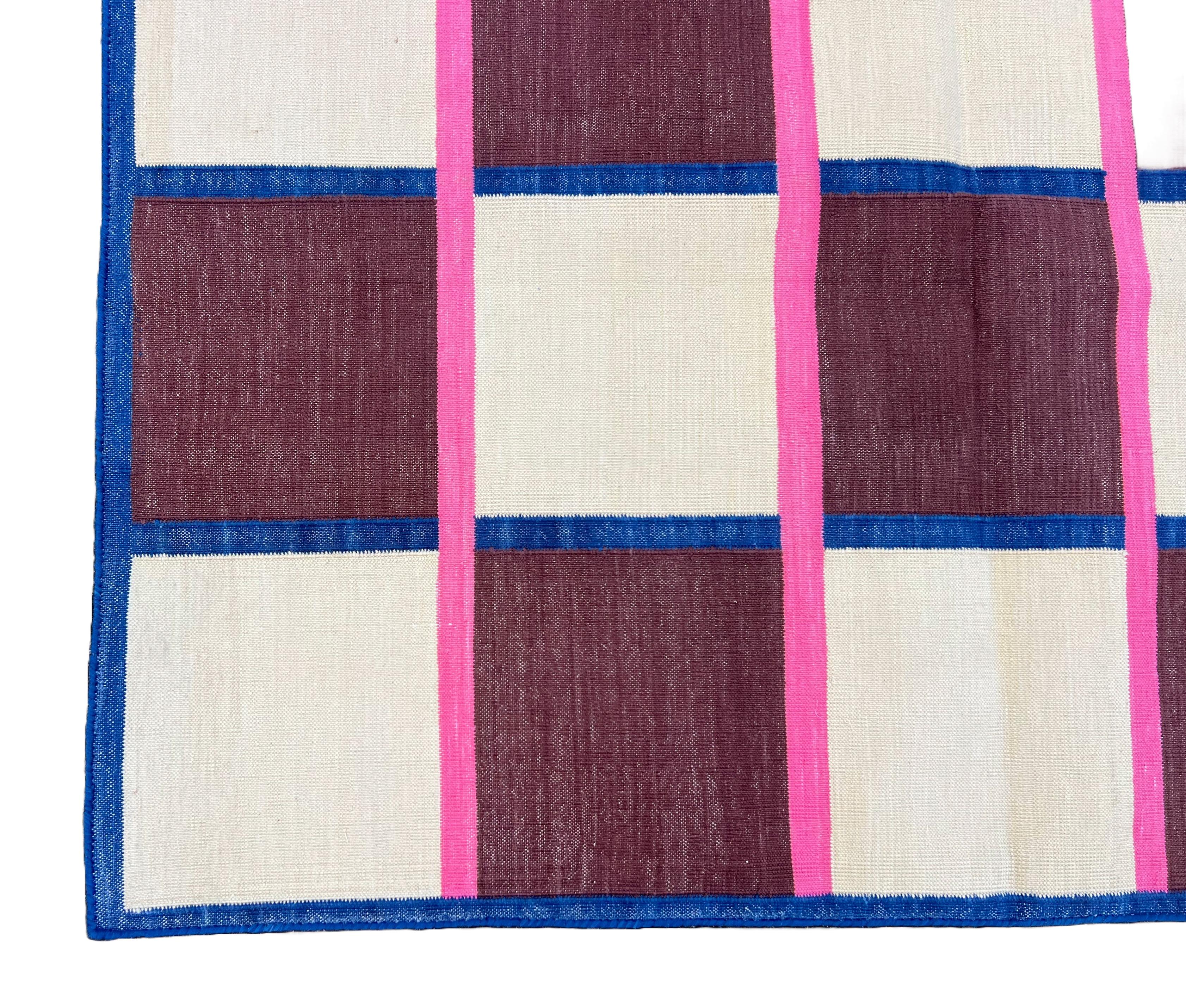 Handmade Cotton Area Flat Weave Rug, 4x6 Brown, Cream, Pink Check Indian Dhurrie For Sale 2