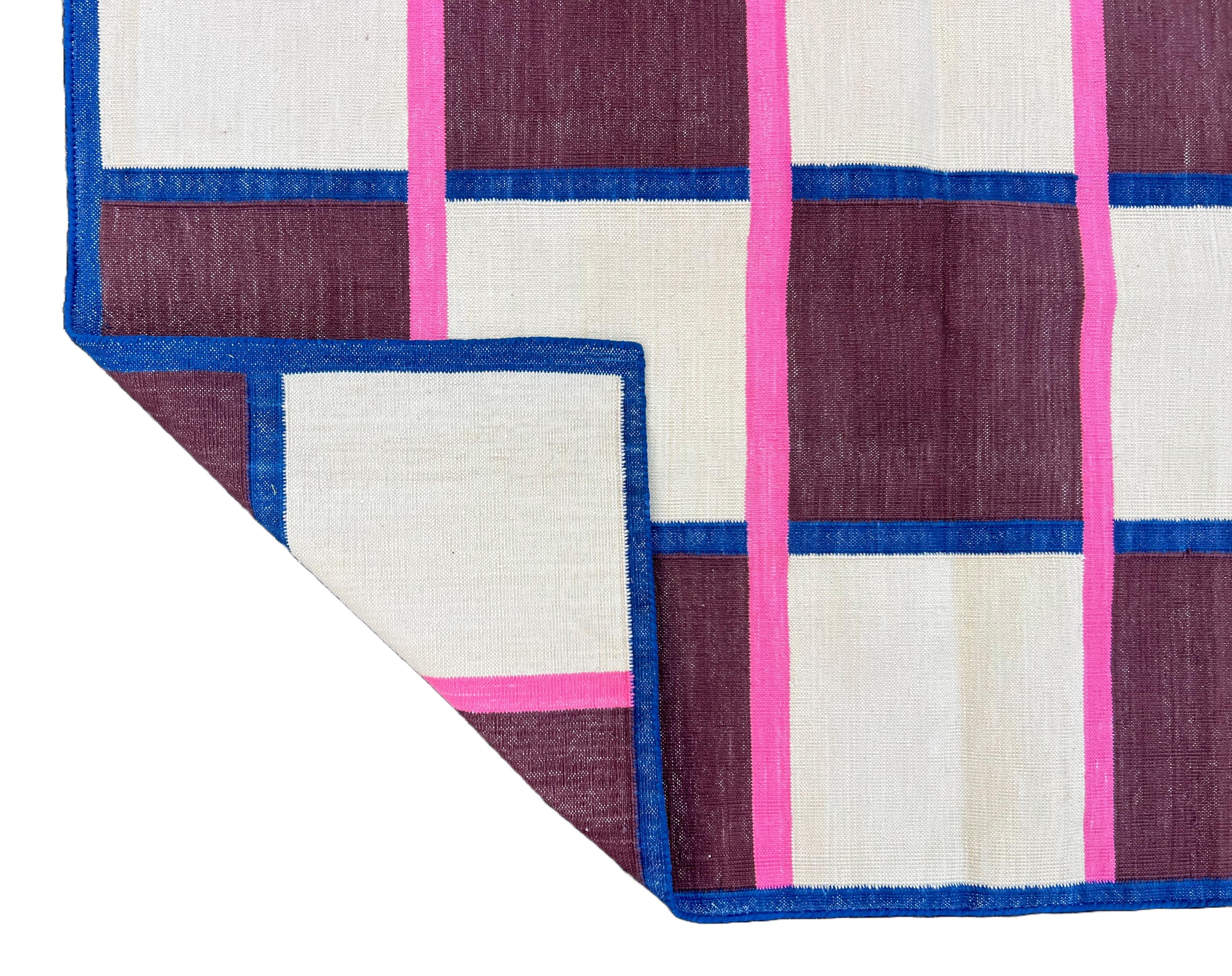 Handmade Cotton Area Flat Weave Rug, 4x6 Brown, Cream, Pink Check Indian Dhurrie For Sale 3