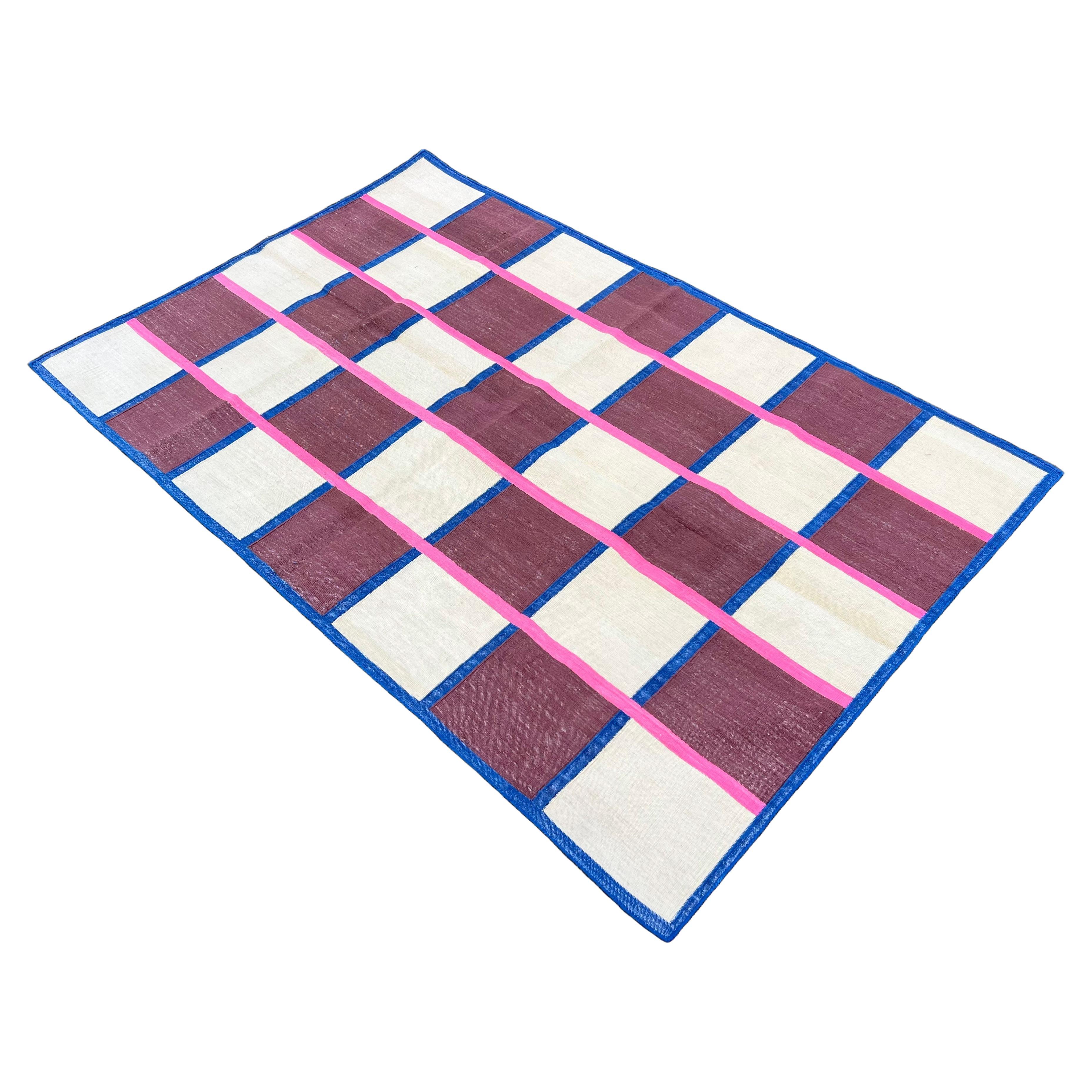 Handmade Cotton Area Flat Weave Rug, 4x6 Brown, Cream, Pink Check Indian Dhurrie