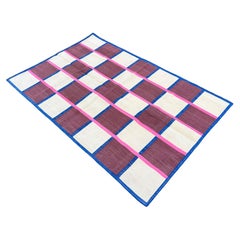Handmade Cotton Area Flat Weave Rug, 4x6 Brown, Cream, Pink Check Indian Dhurrie